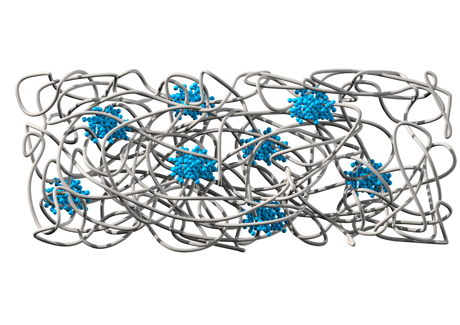 Chemická struktura ukazuje kaučukovou matrici (šedou barvou), která zajišťuje přilnavost a pružnost, a dále polystyrénové domény (modrou barvou) poskytující soudržnost a odolnost vůči přetržení.