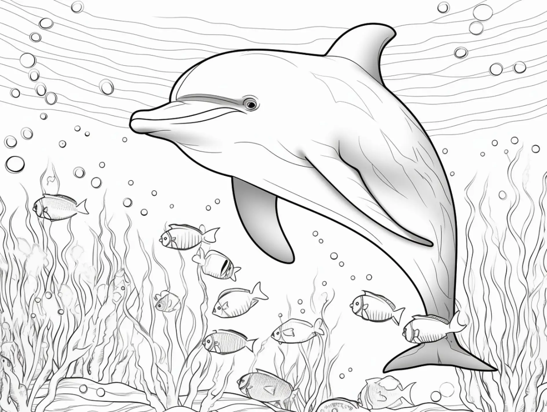 Ausmalbild Delfin schwimmt mit Fischschwarm unter Wasser