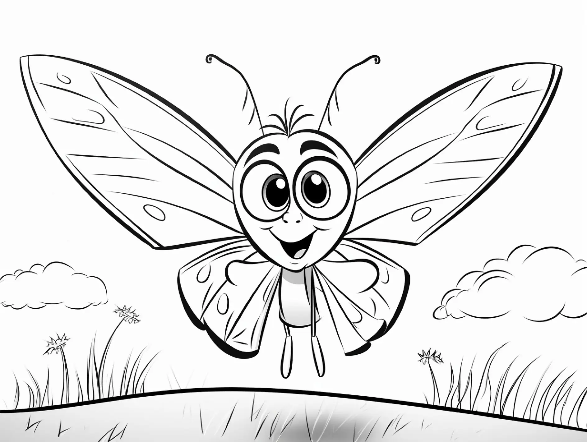 Ausmalbild fröhlicher Zeichentrick-Schmetterling auf Wiese