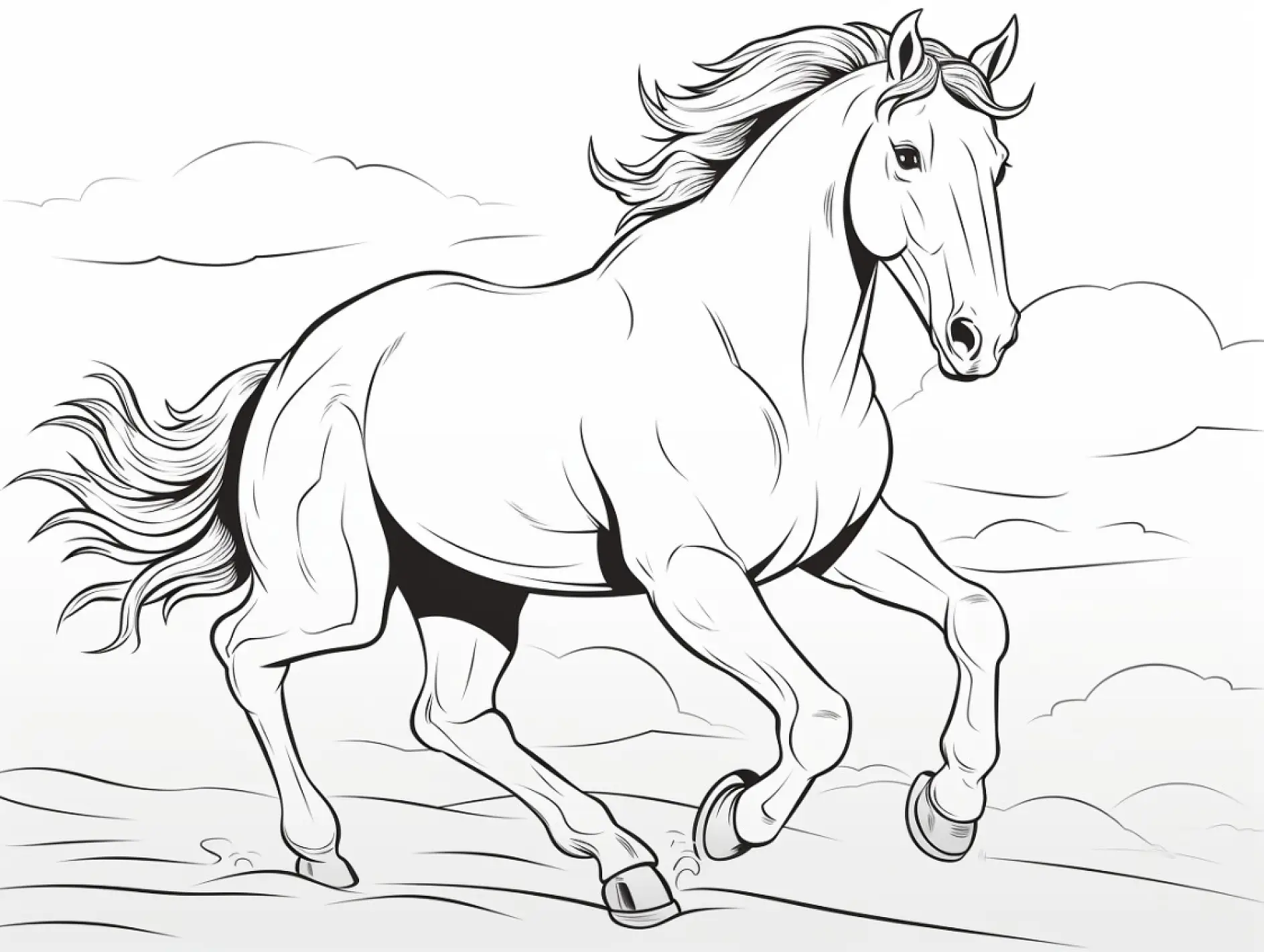 Ausmalbild Galoppierendes Pferd mit wehender Mähne