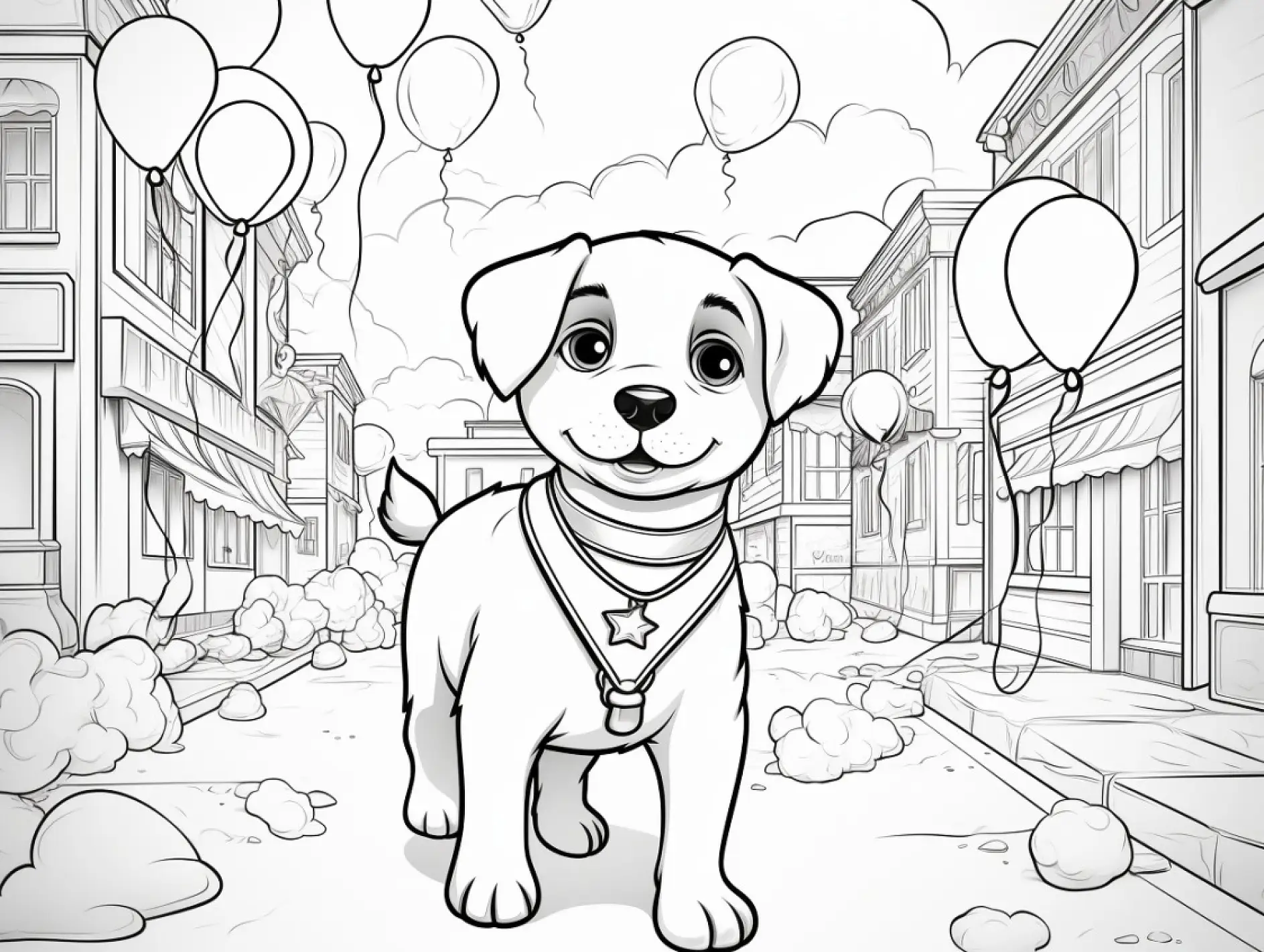 Ausmalbild Hund mit Ballons auf Straße