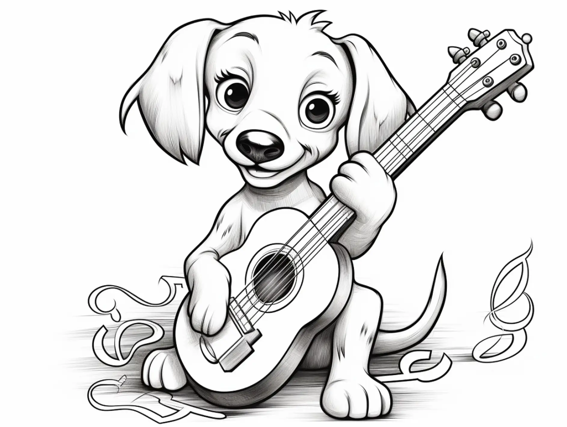 Ausmalbild Hund mit Gitarre sitzend