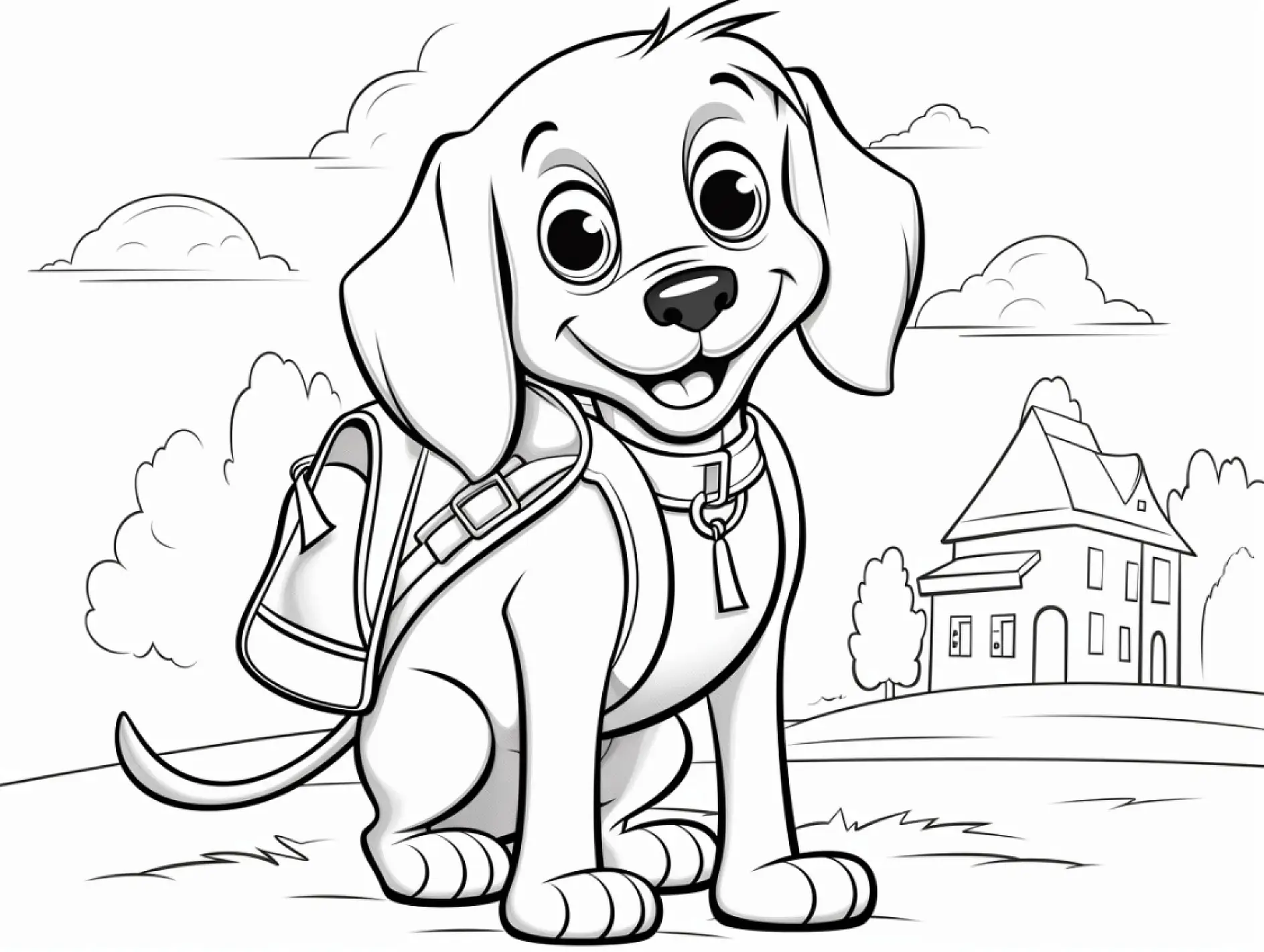 Ausmalbild Hund mit Rucksack vor Schule