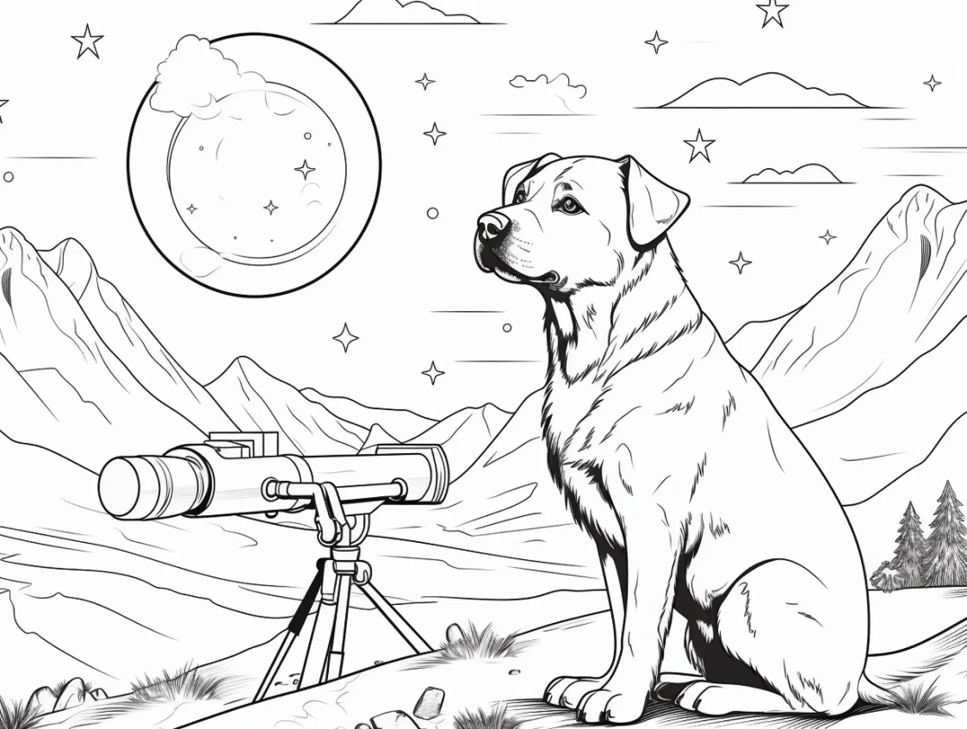 Ausmalbild Hund neben Teleskop betrachtet Mond
