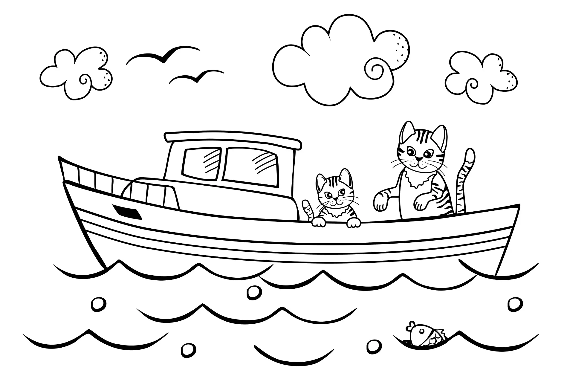 Ausmalbild Katzen Boot fahren Meer