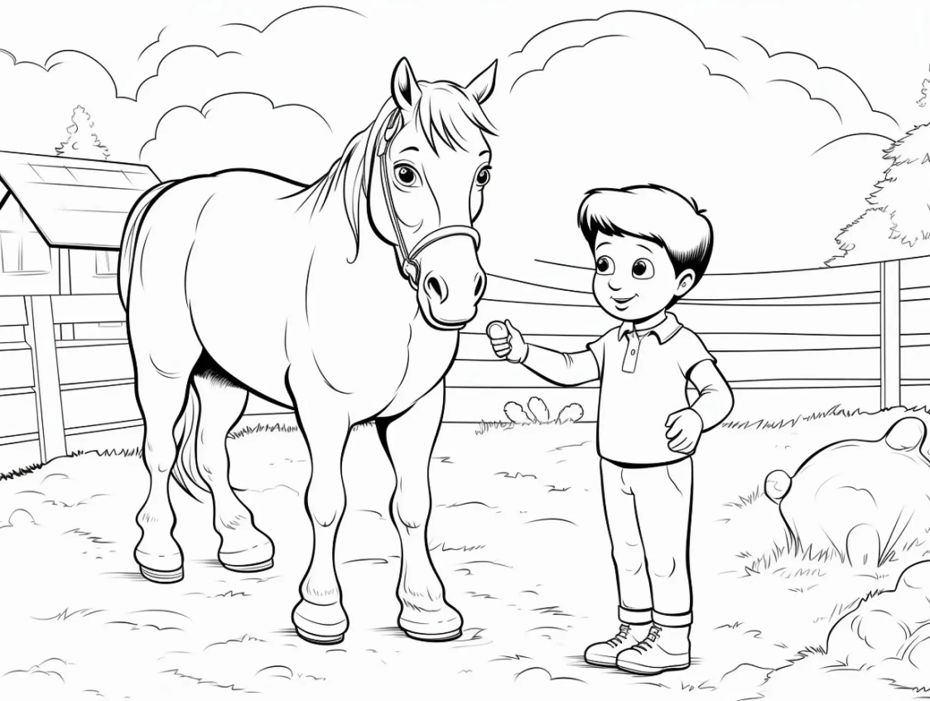 Ausmalbild Kind füttert Pferd auf dem Hof