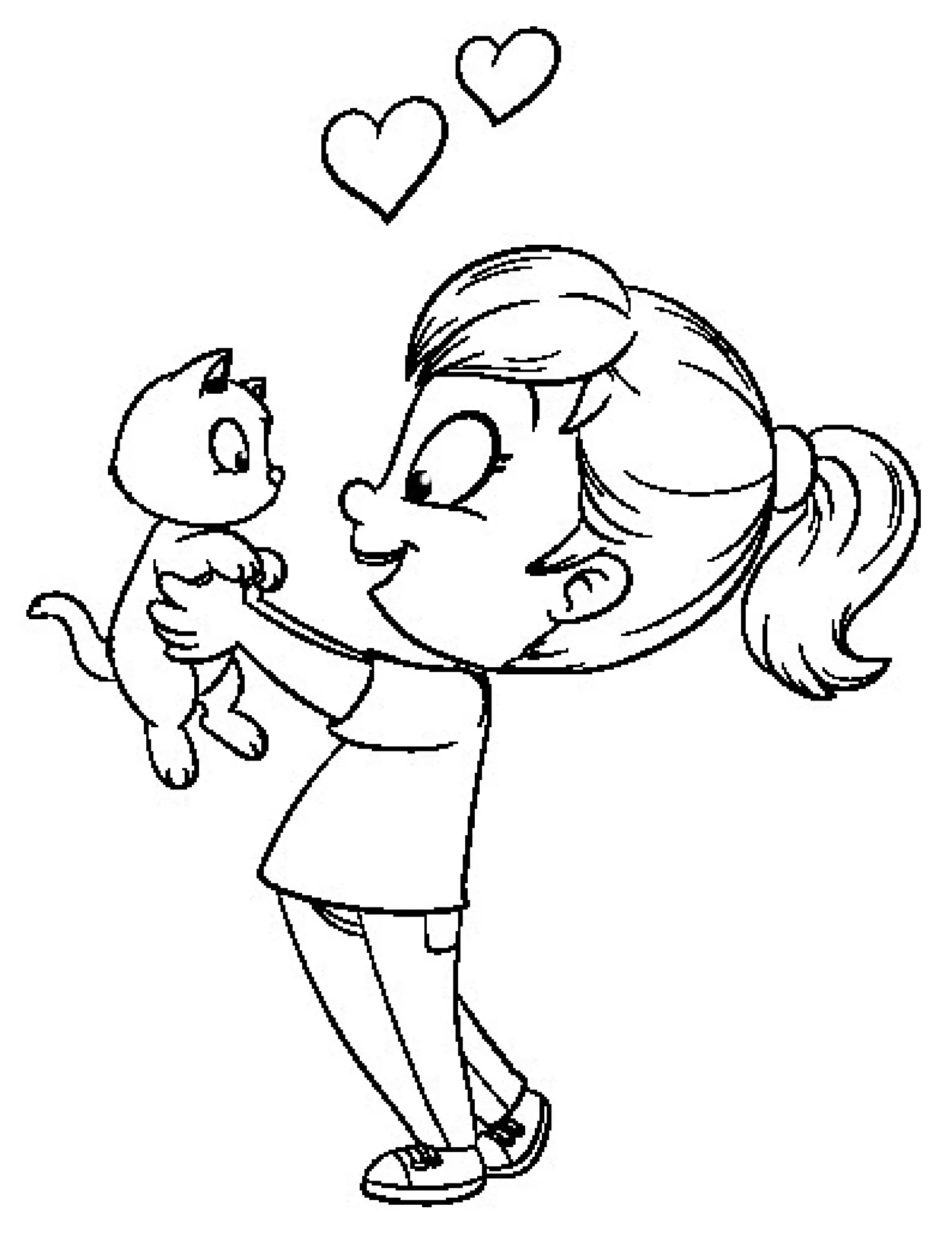 Ausmalbild Mädchen hält Katze liebevollNiedliches Mädchen mit Katze - Vektor-Illustration