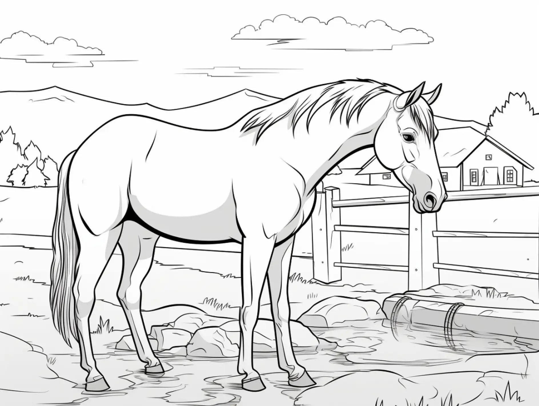 Ausmalbild Pferd am Zaun vor Bauernhaus