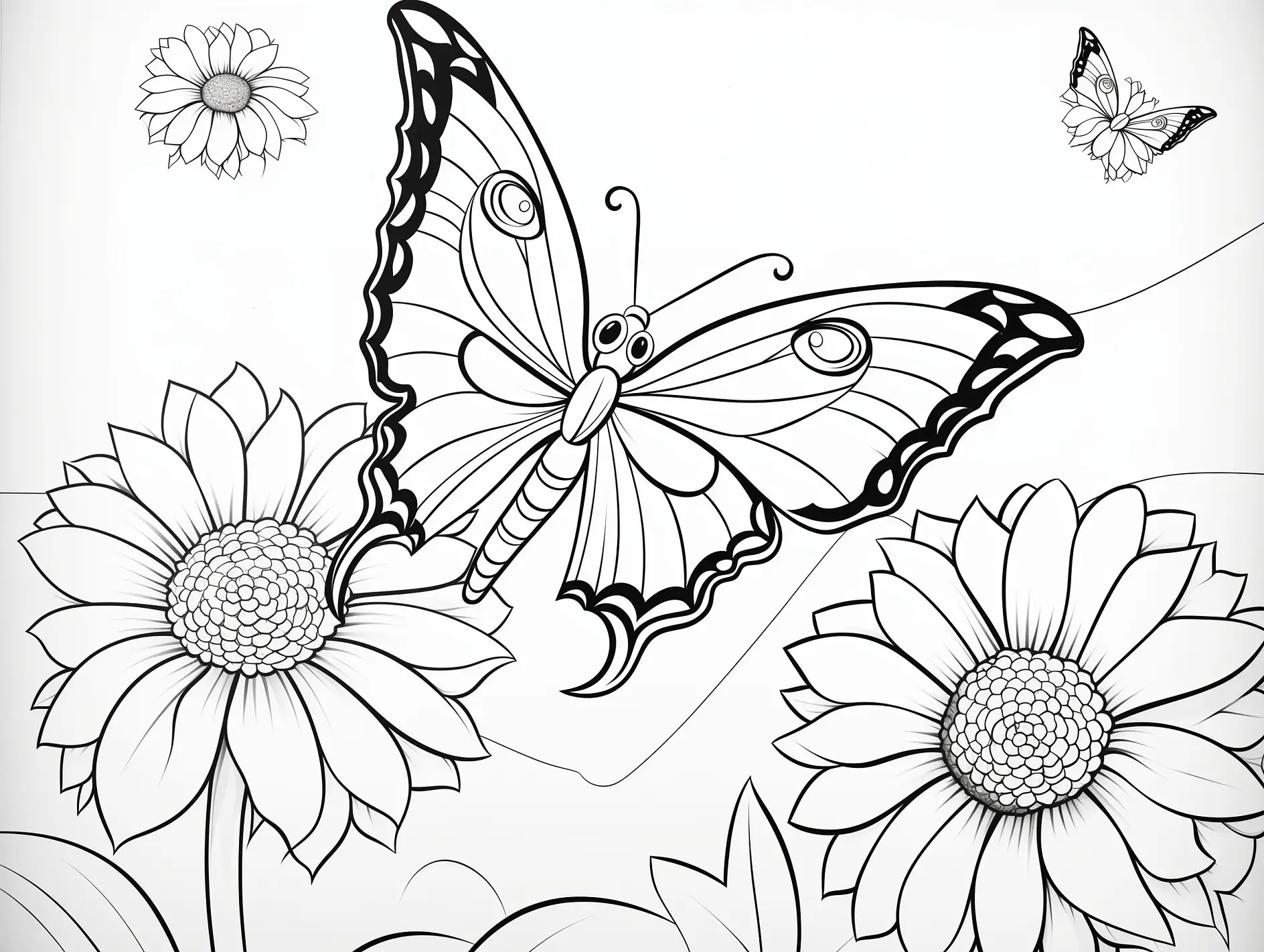 Ausmalbild Schmetterling auf Sonnenblumen