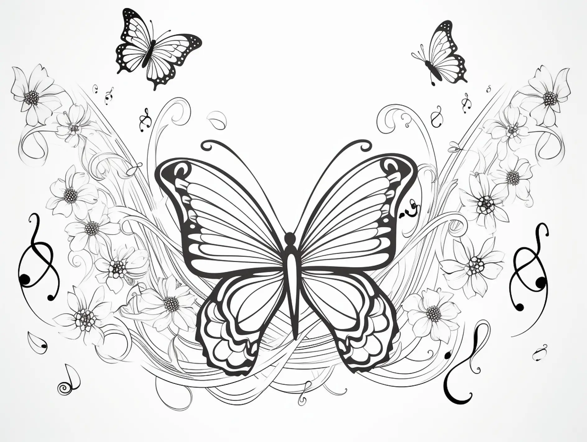 Ausmalbild Schmetterling mit floralen Mustern und Musiknoten