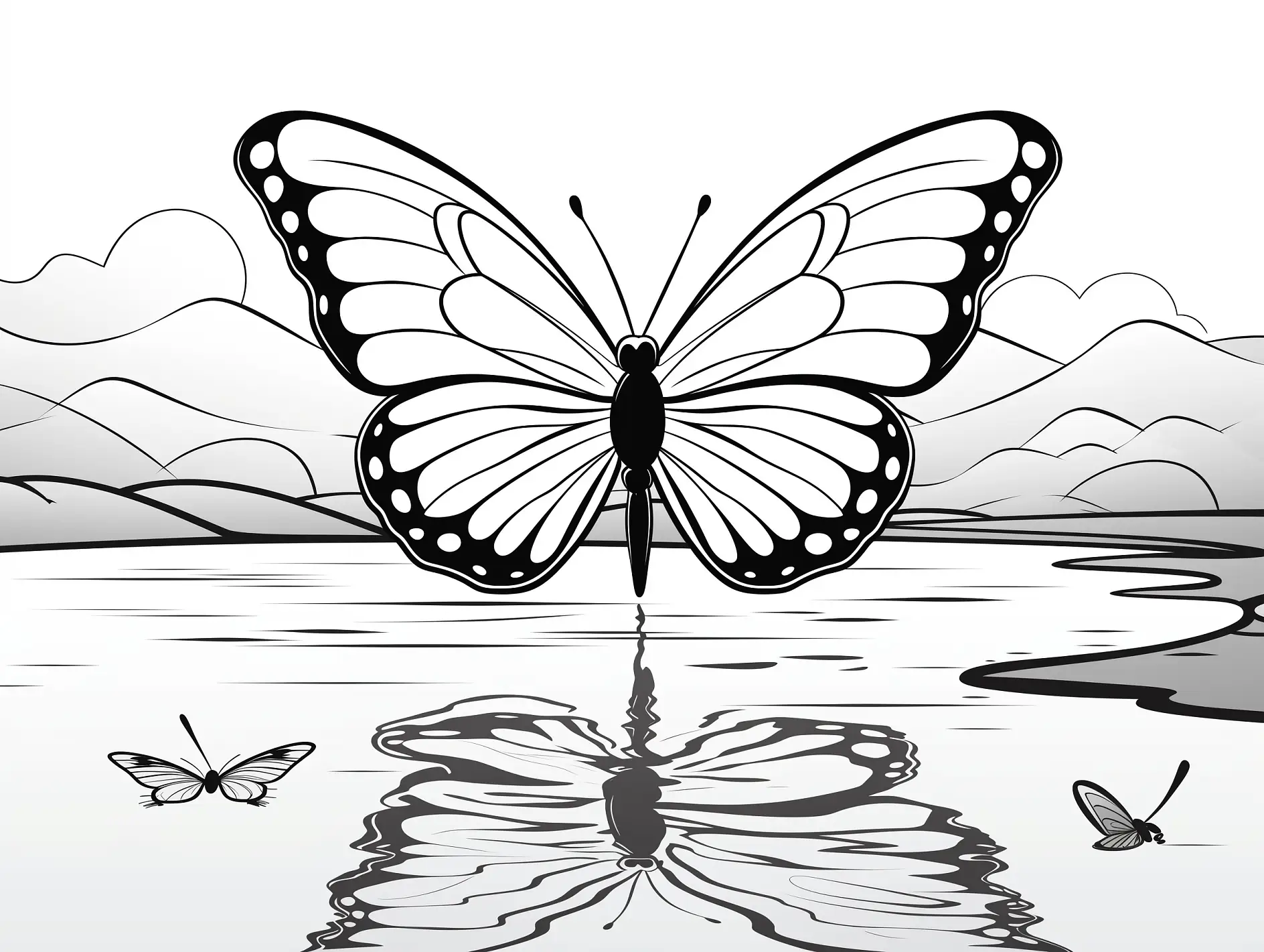 Ausmalbild Schmetterling über Wasser mit Reflexion