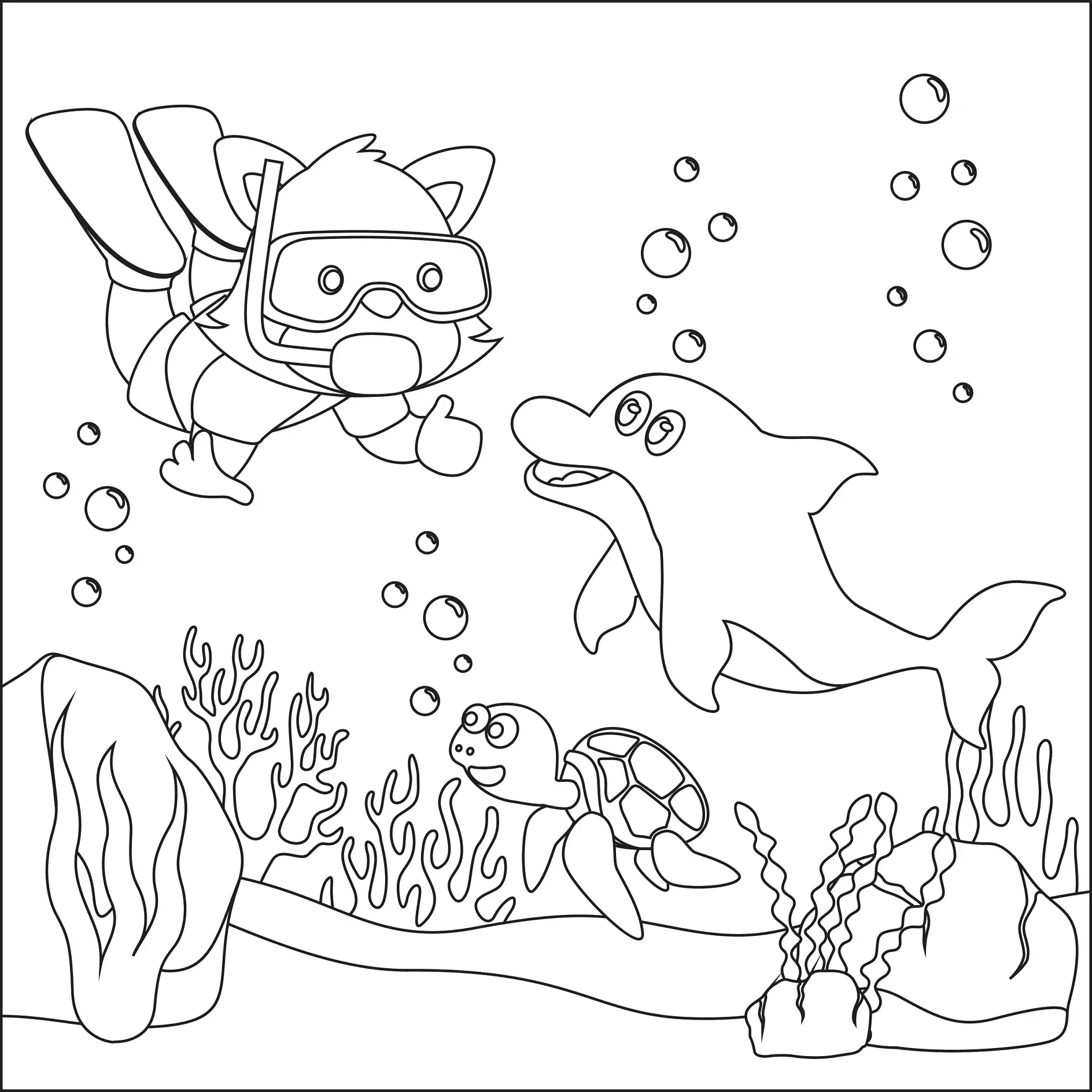 Ausmalbild Taucher, Delfin und Schildkröte unter Wasser mit Algen