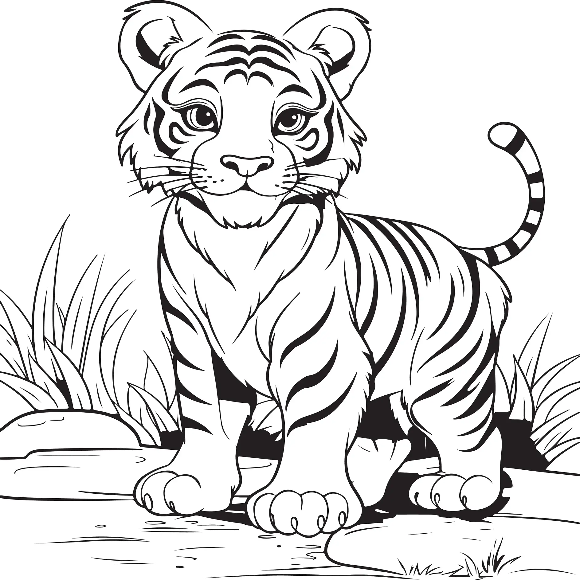 Ausmalbild Tiger im Gras stehend