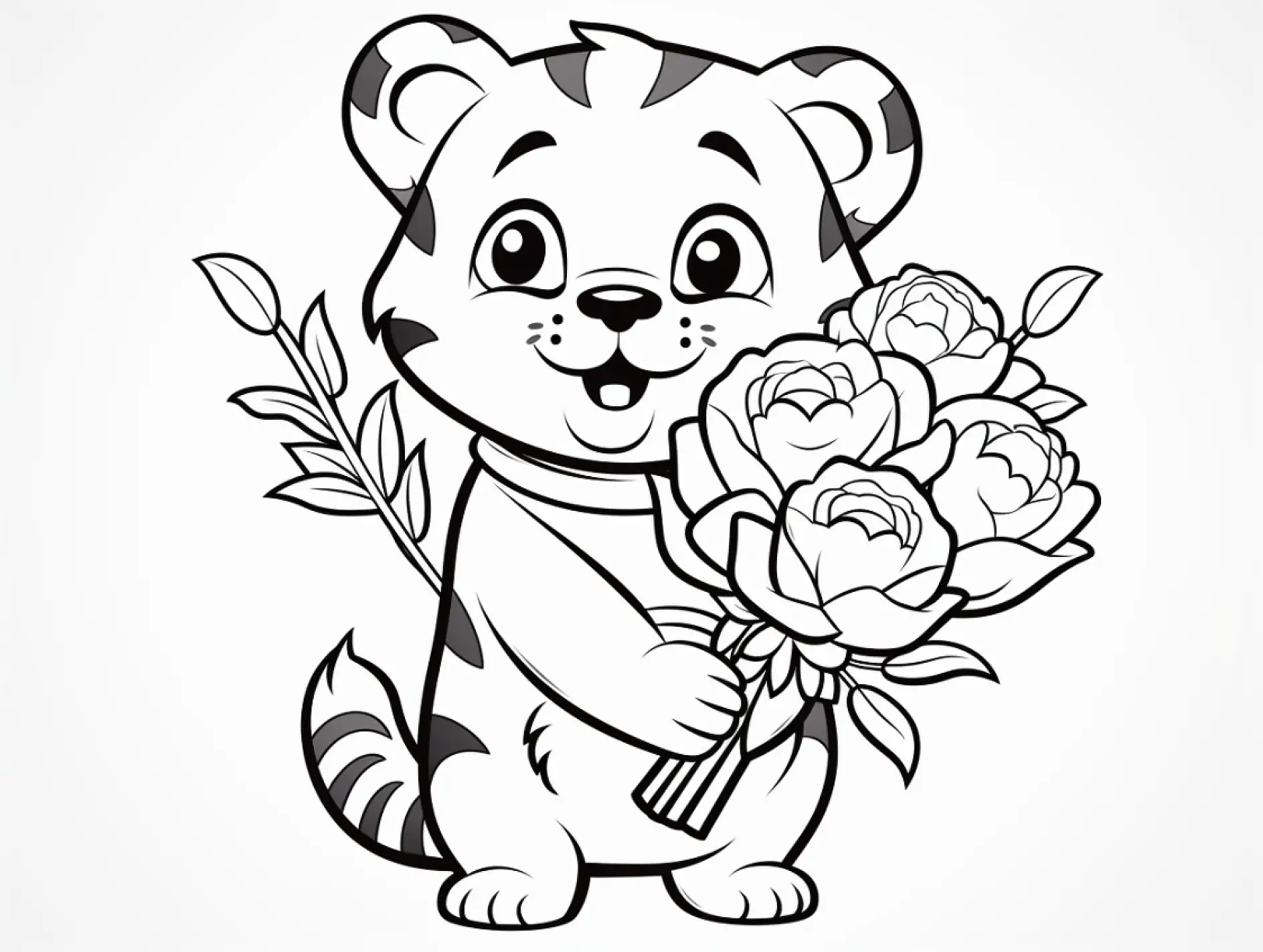 Ausmalbild Tiger mit Blumenstrauß