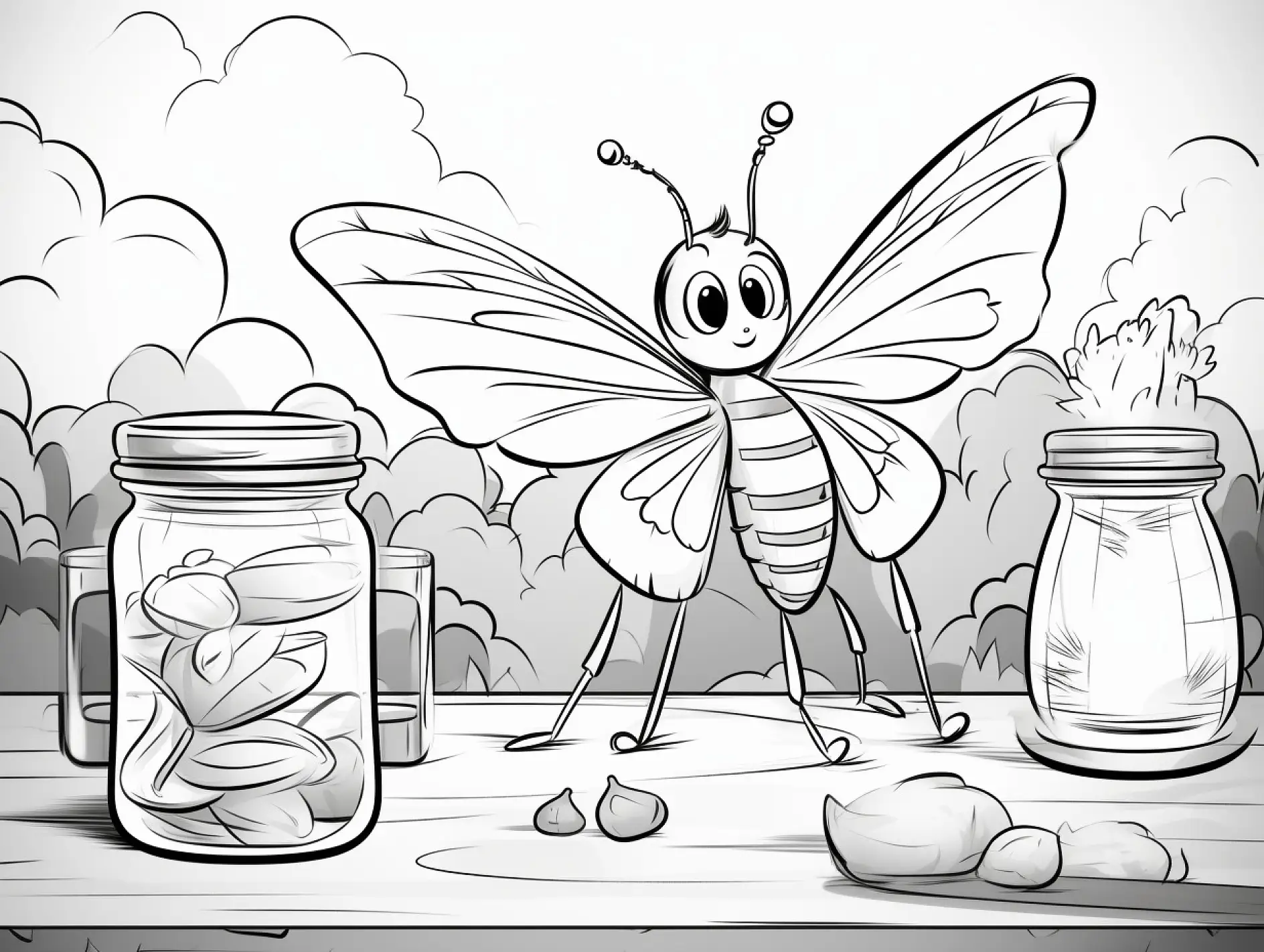 Ausmalbild Zeichentrick-Schmetterling mit Einmachgläsern und Bonbons
