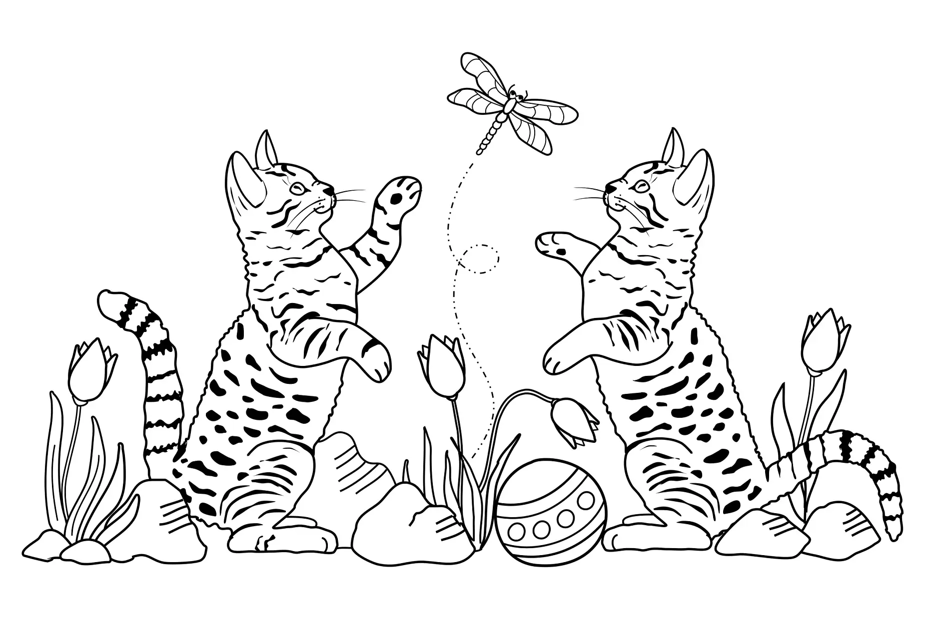 Ausmalbild zwei Katzen Libelle fangen