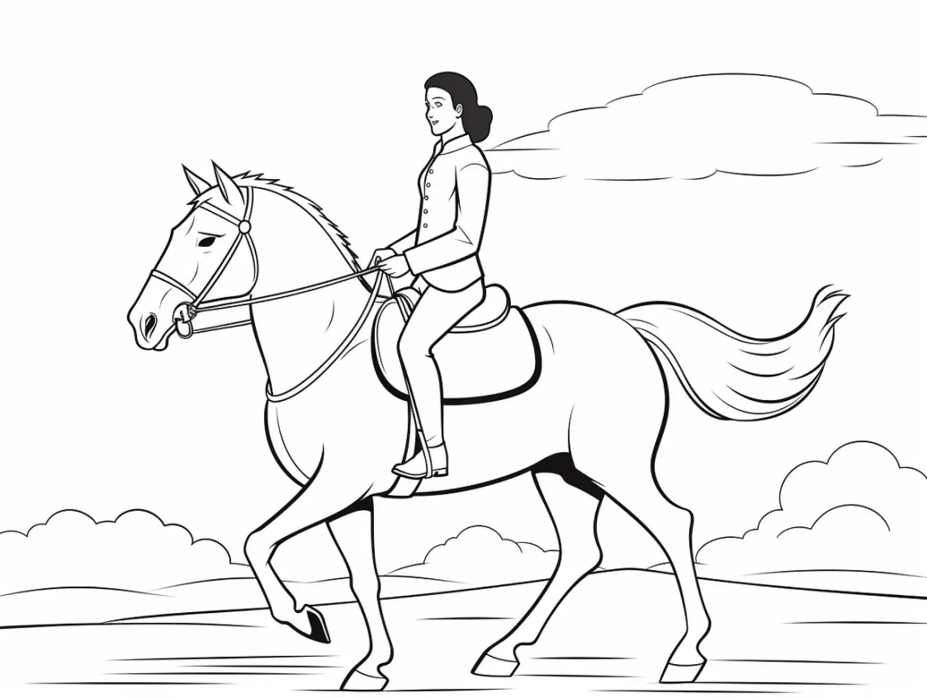 Ausmalbild Frau reitet Pferd