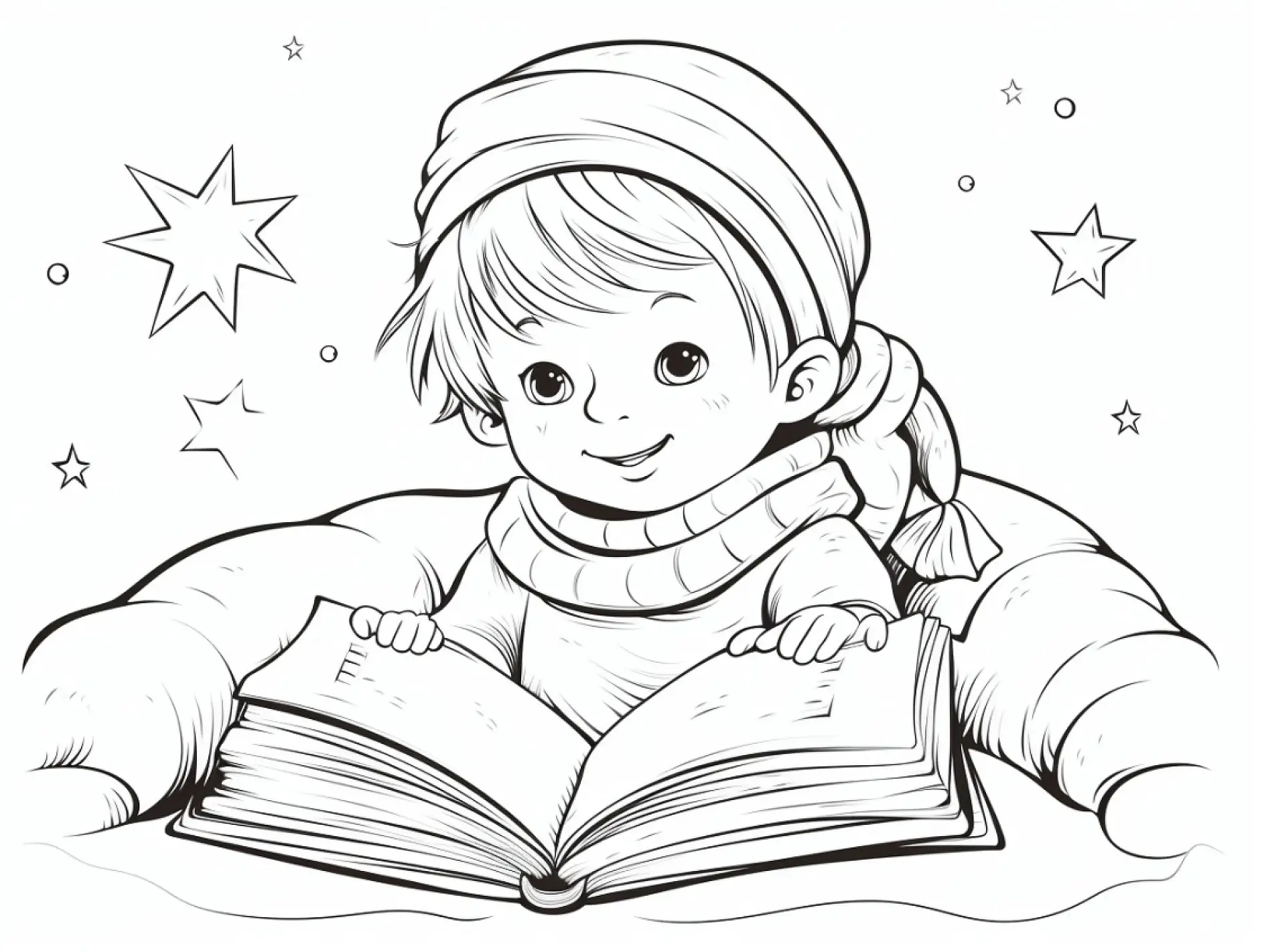 Ausmalbild Kind liest Buch Sterne Schal Mütze