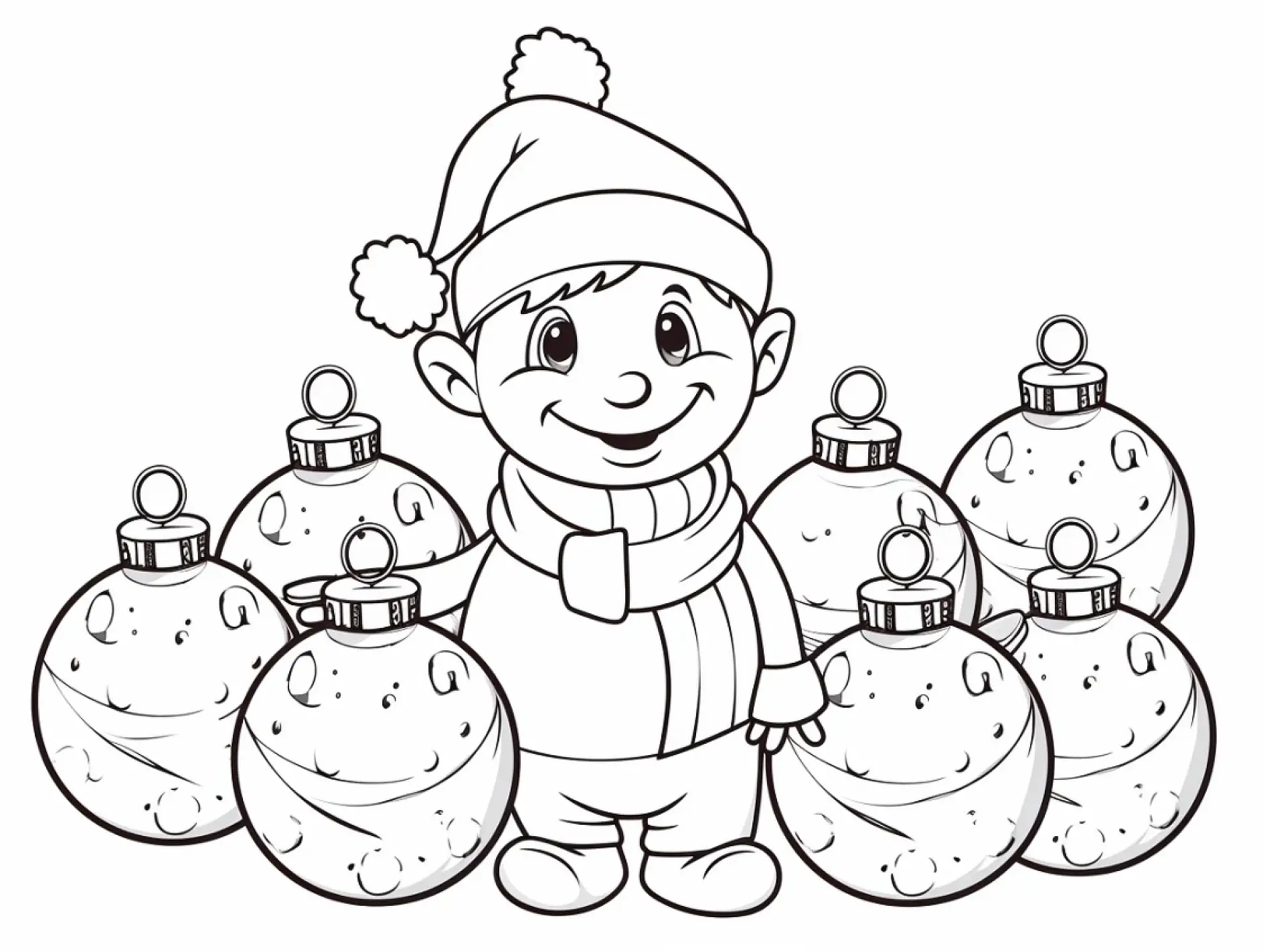 Ausmalbild Kind Mütze Schal Weihnachtskugeln Lächeln