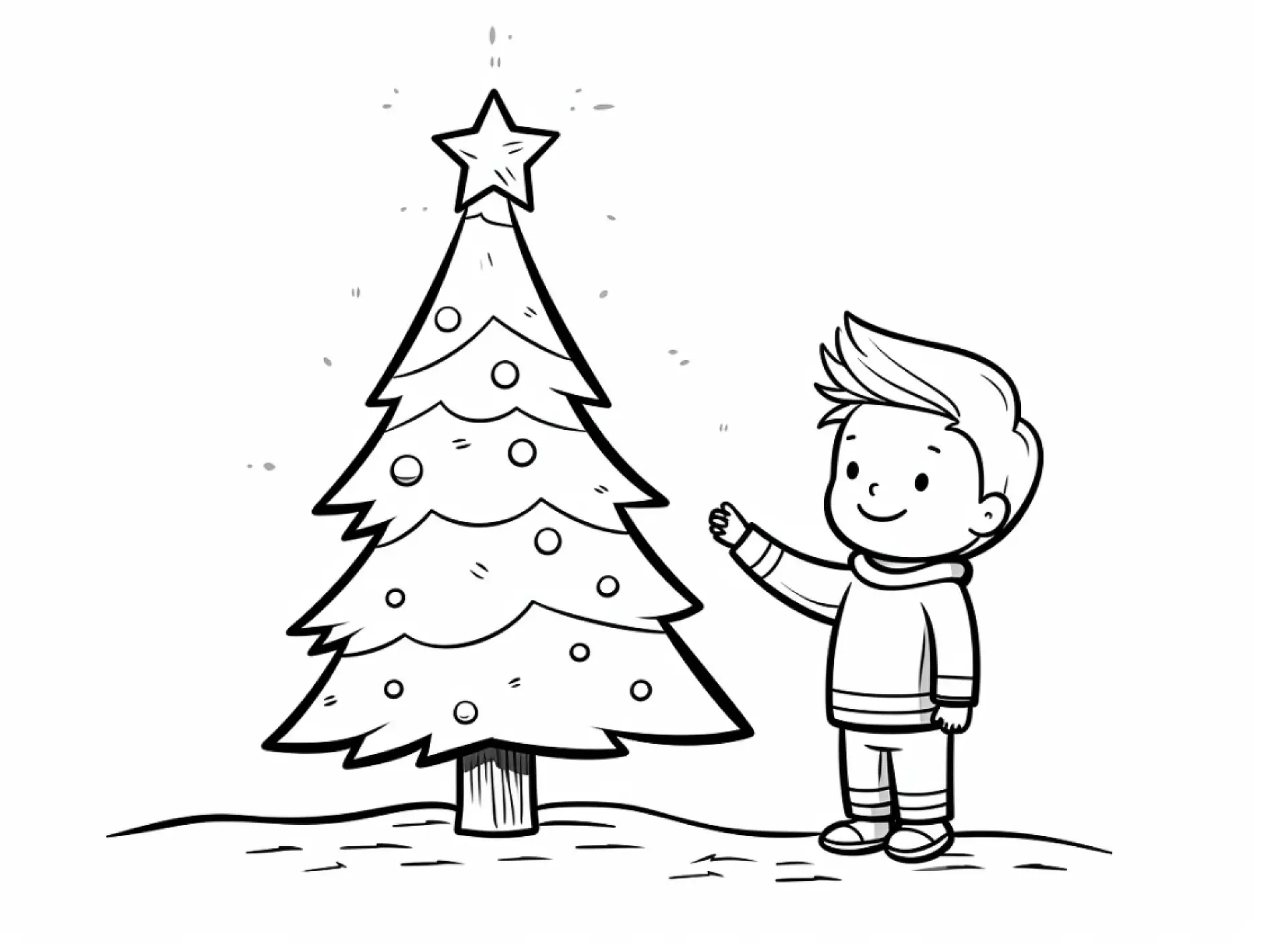 Ausmalbild Kind neben geschmücktem Weihnachtsbaum