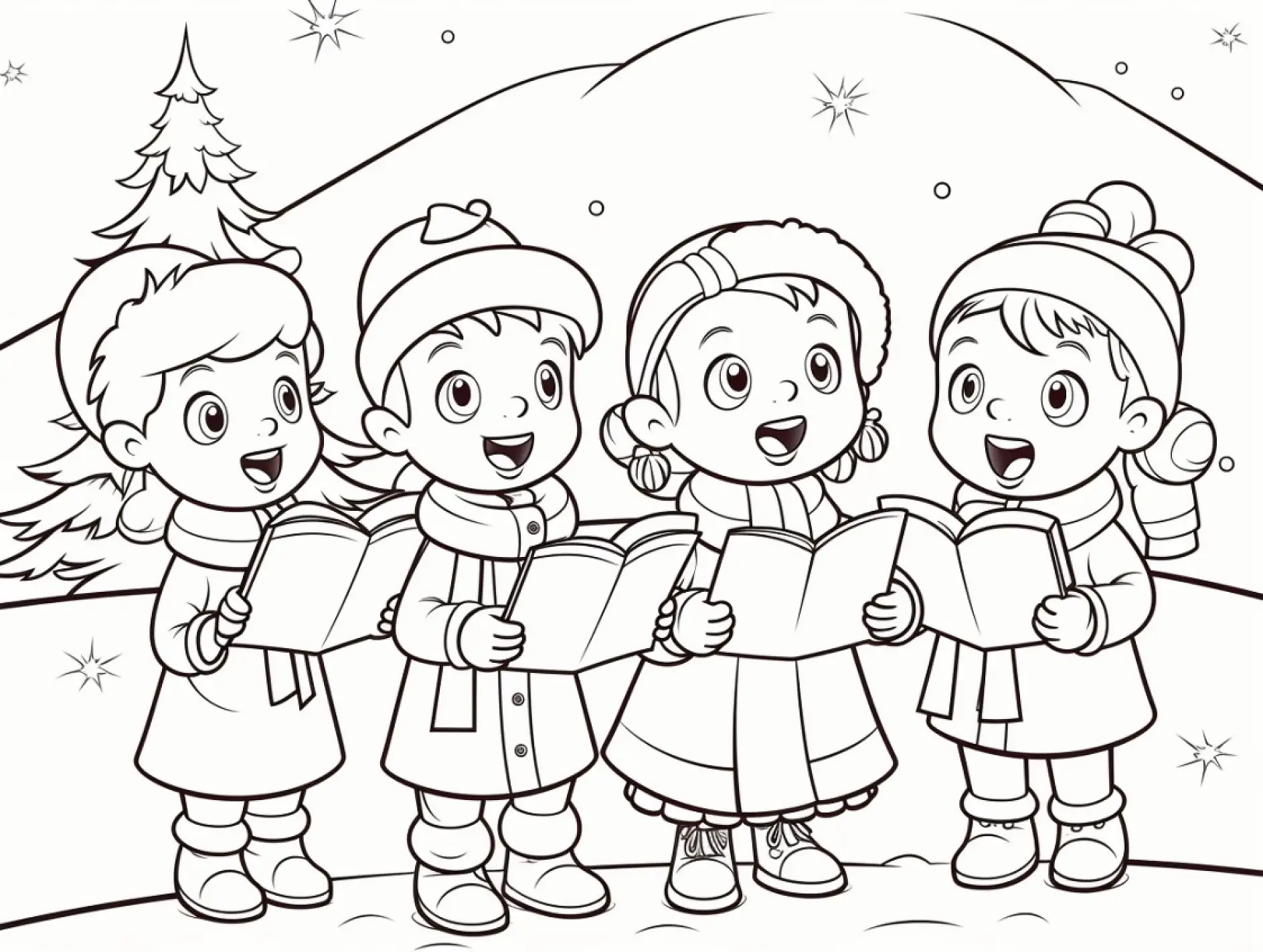 Ausmalbild Kinder singen Tannenbaum Schnee Sterne