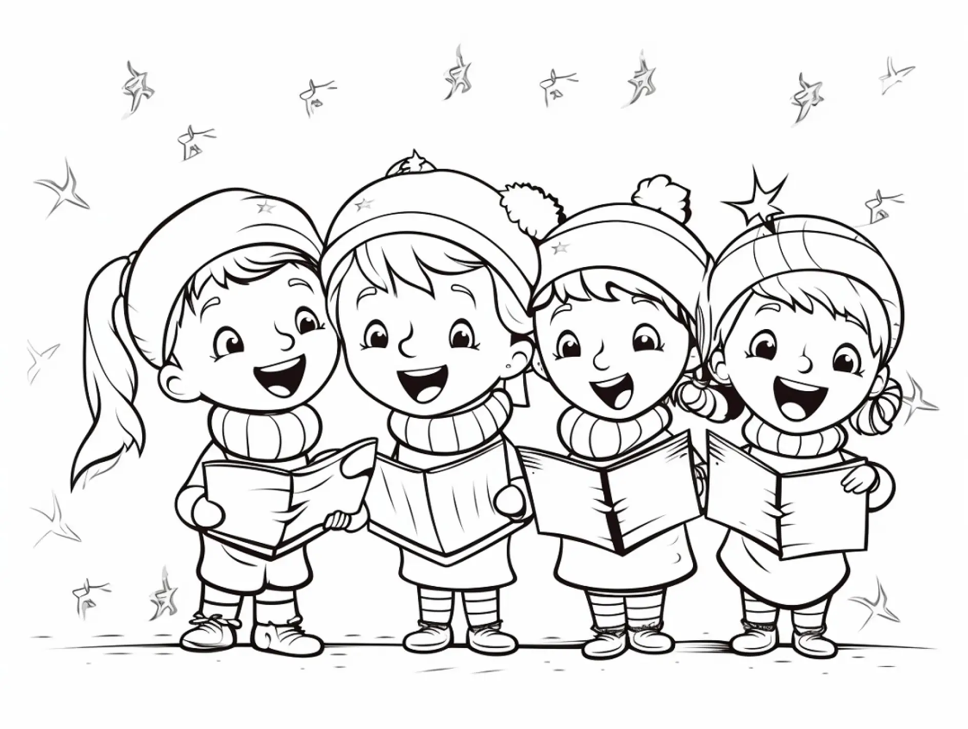 Ausmalbild Kinder singen Weihnachtslieder Schneeflocken Mützen Schals