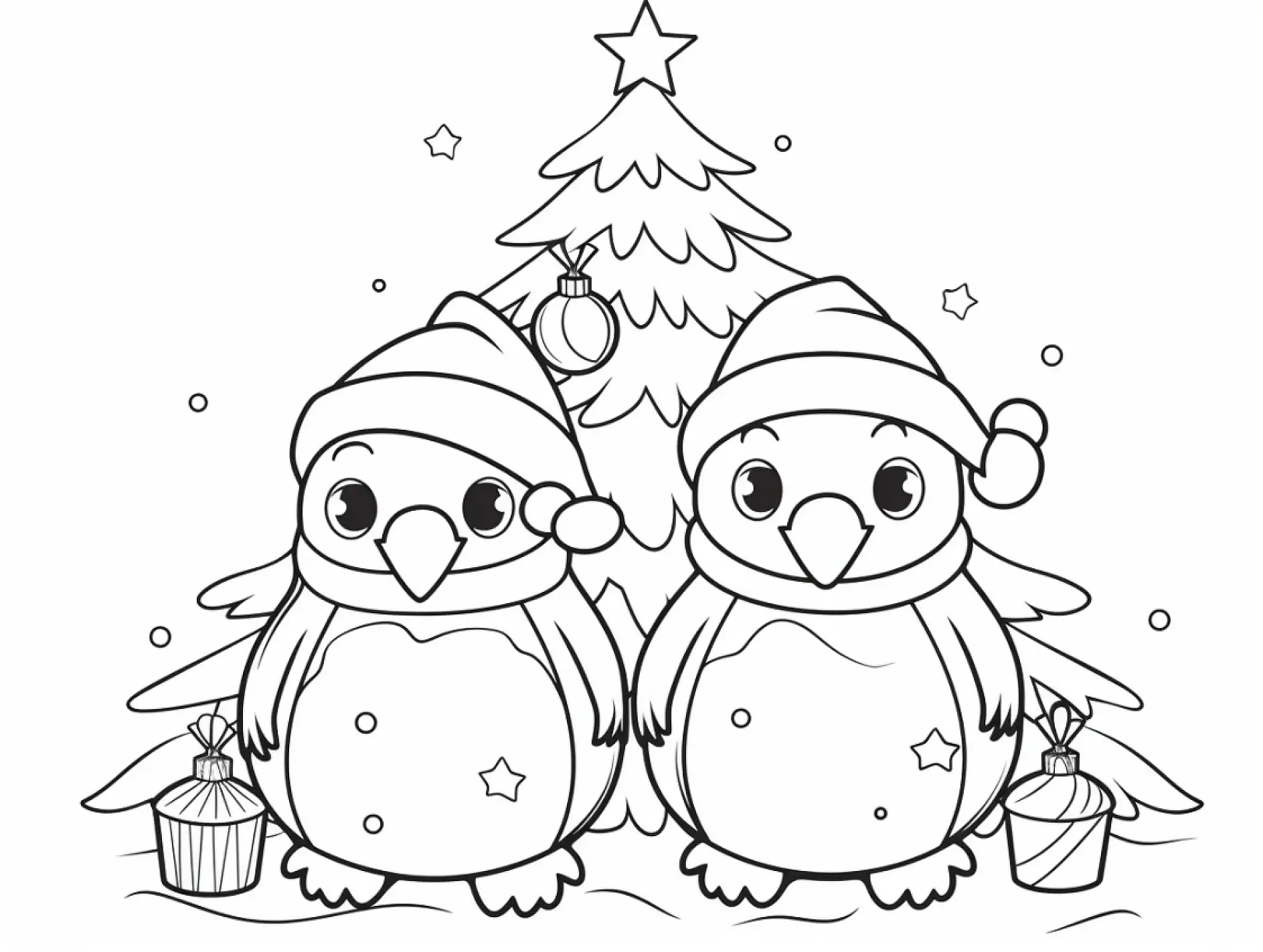 Ausmalbild Pinguine mit Mützen vor Weihnachtsbaum