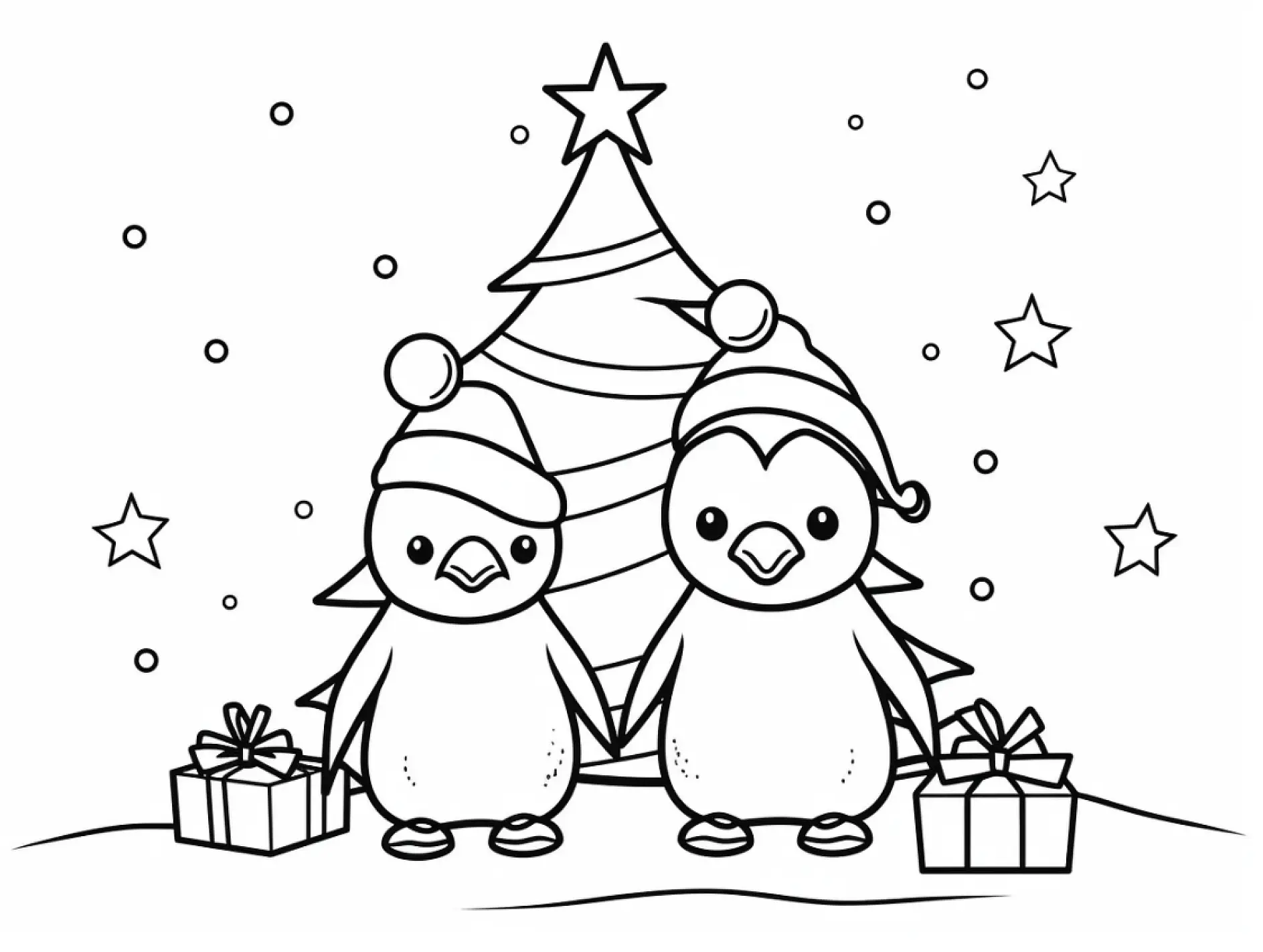 Ausmalbild Pinguine Tannenbaum Geschenke Sterne Schnee