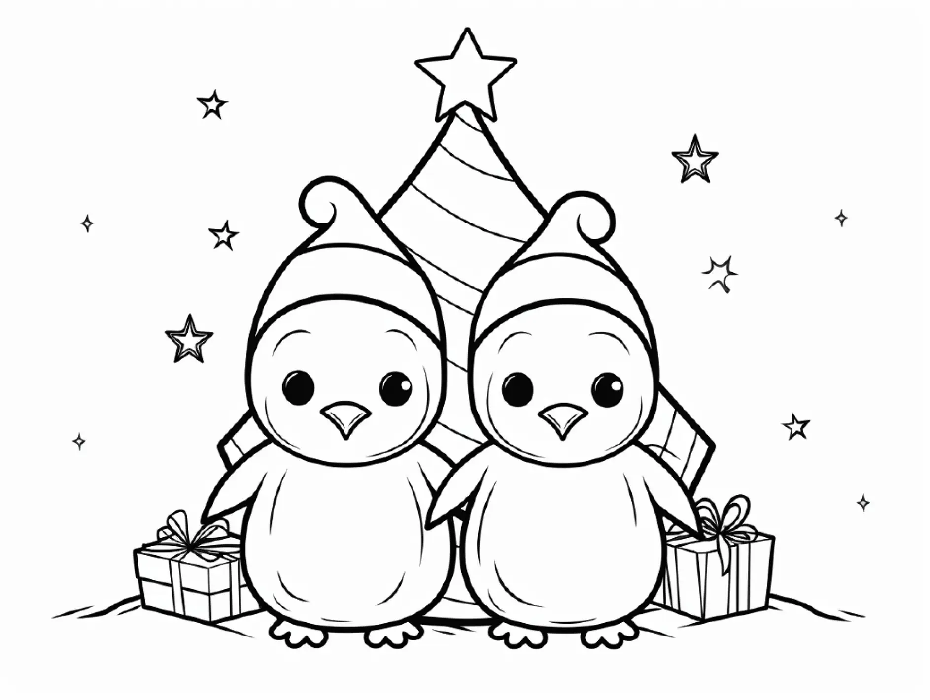 Ausmalbild Pinguinpaar mit Geschenken und Weihnachtsstern