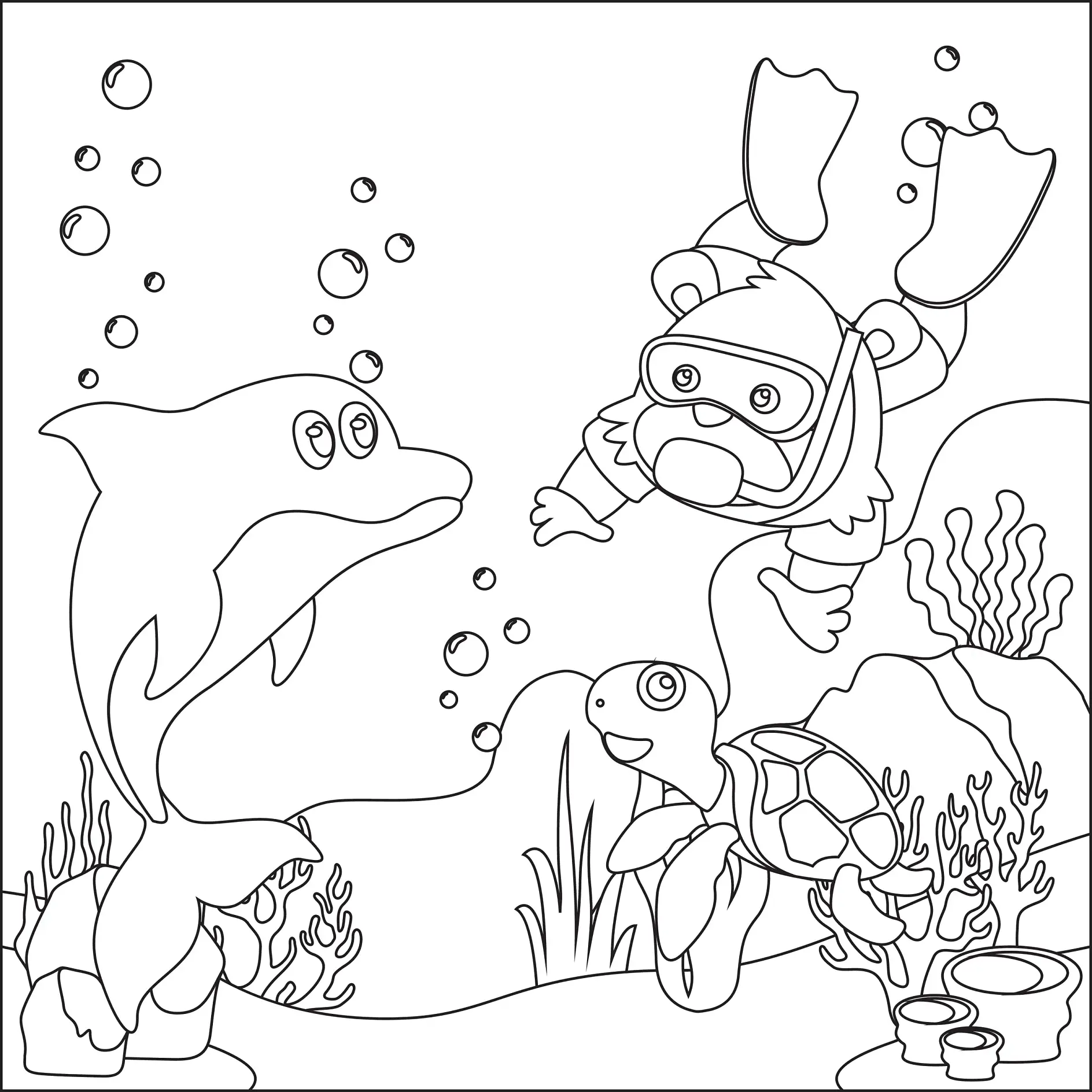 Ausmalbild Taucher, Delfin und Schildkröte unter Wasser