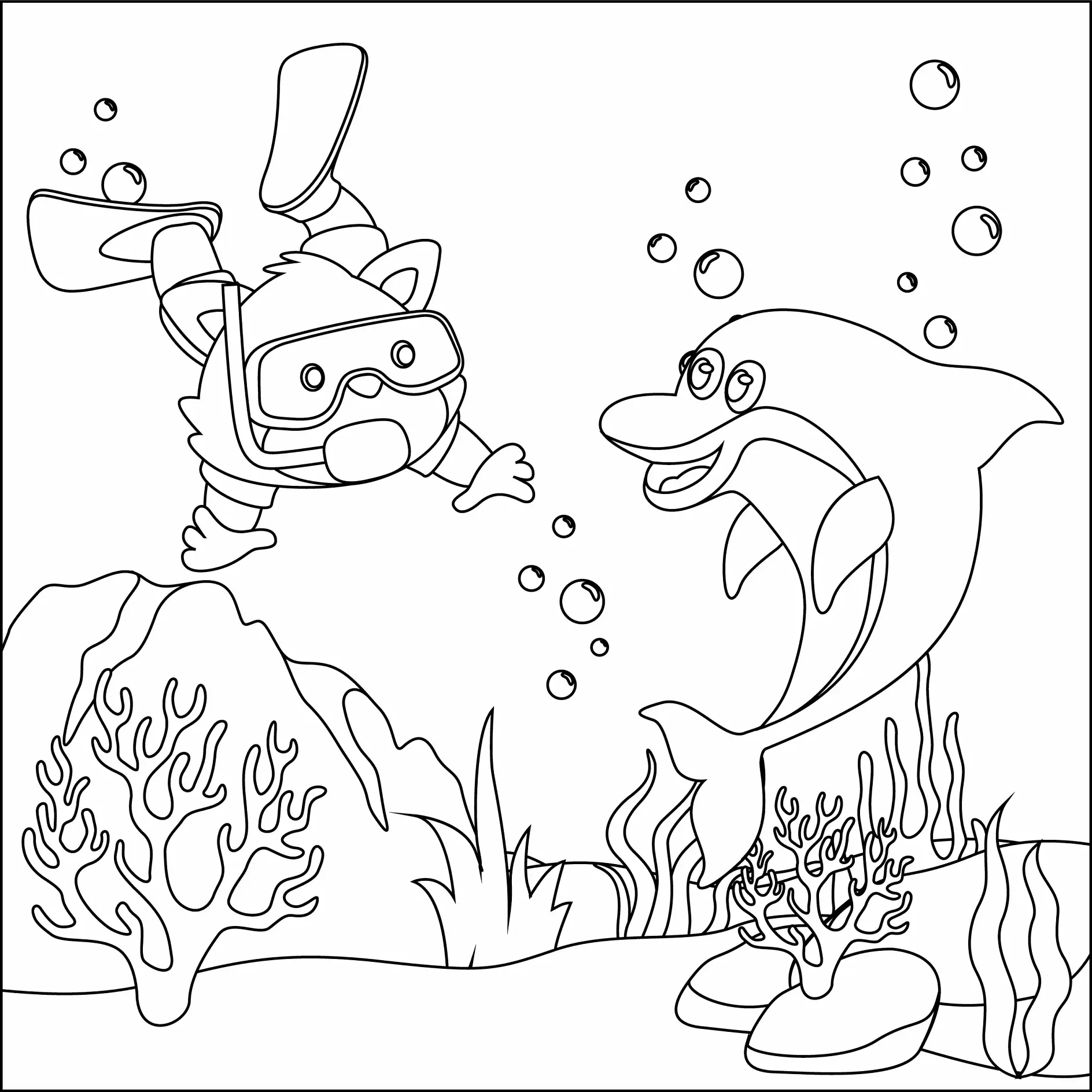 Ausmalbild Taucher und Delfin unter Wasser mit Korallen