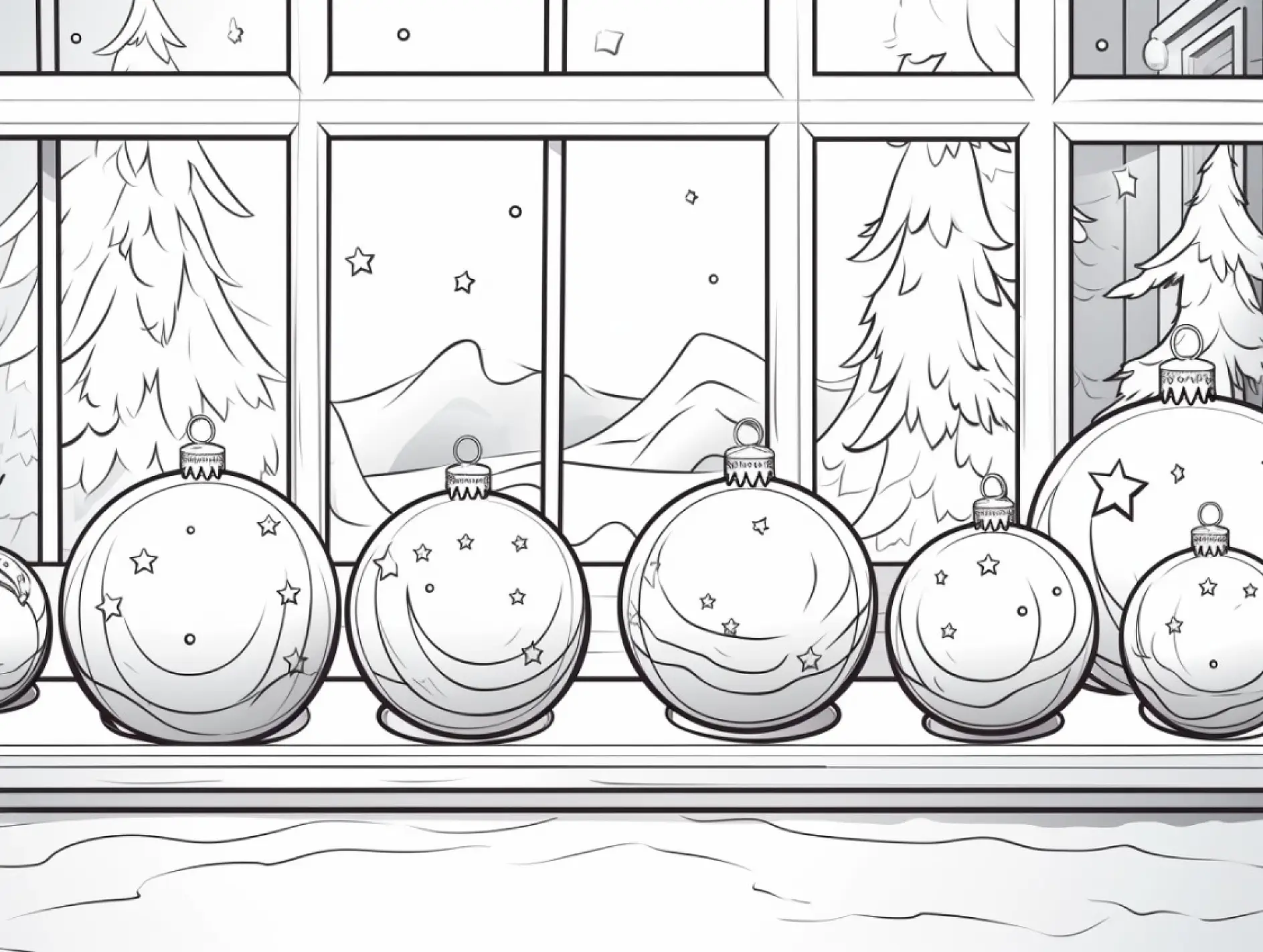 Ausmalbild von Weihnachtskugeln vor einem Fenster mit winterlicher Landschaft