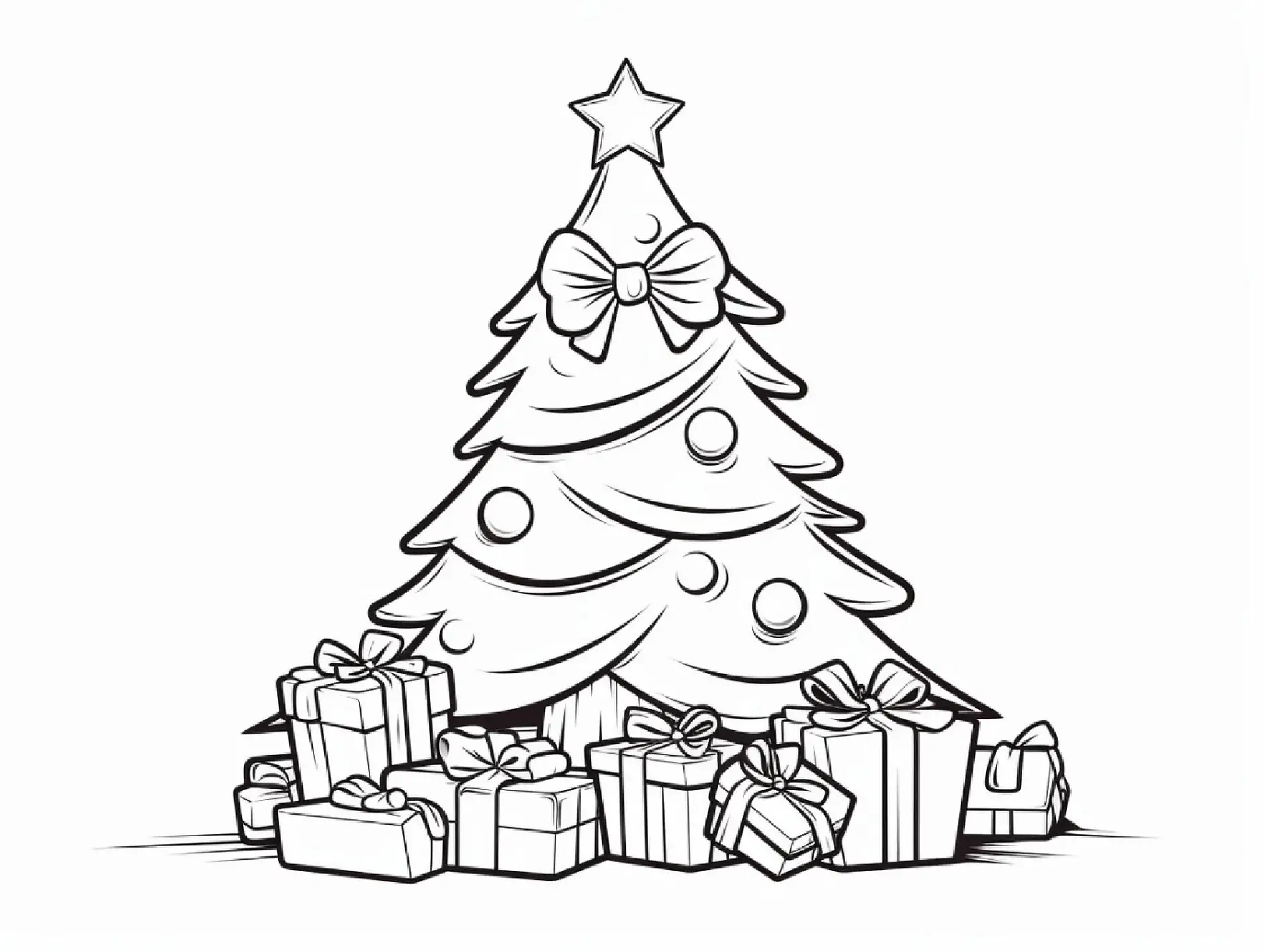 Ausmalbild Weihnachtsbaum mit Schleife und Geschenken