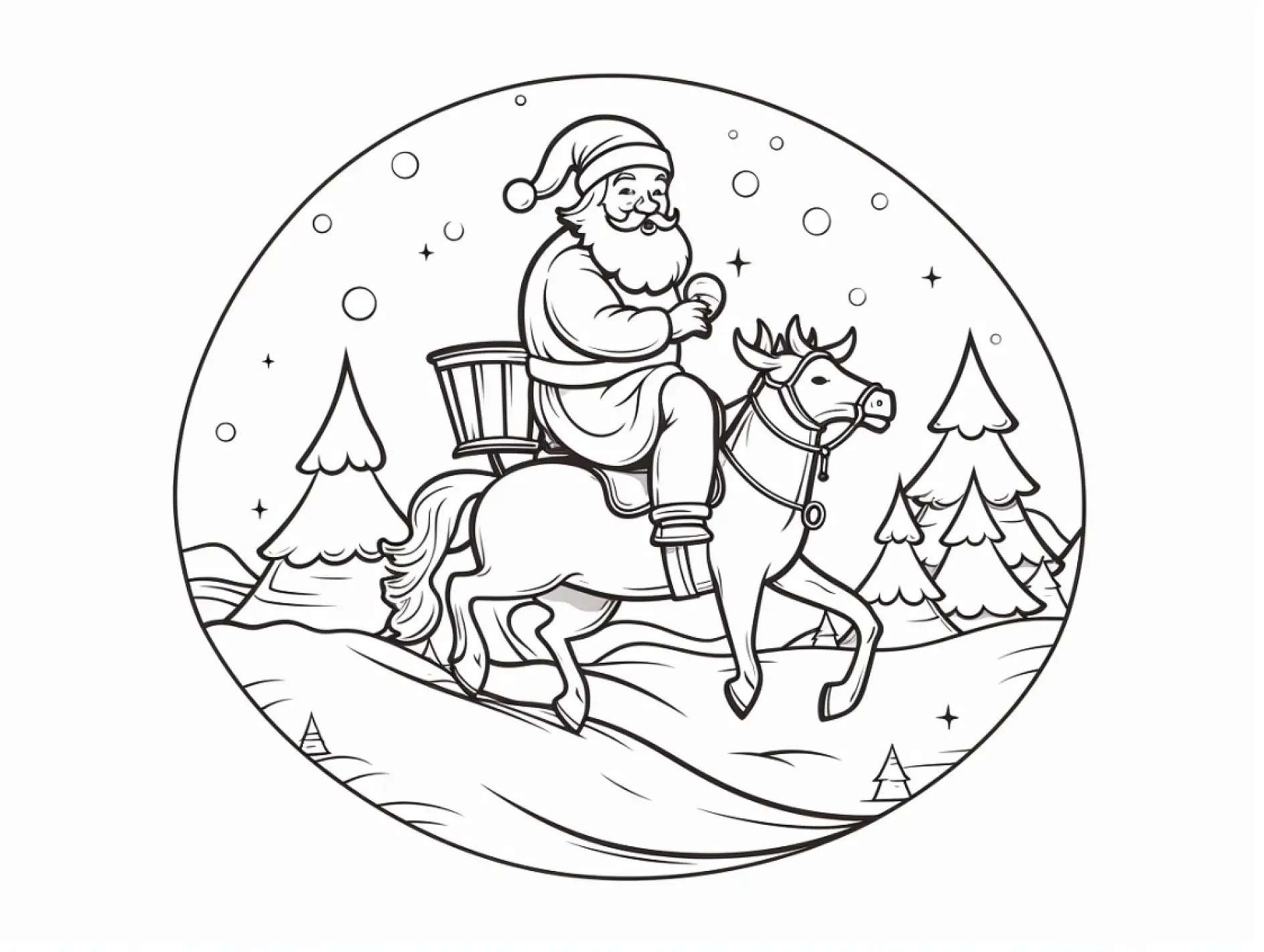 Ausmalbild Weihnachtsmann auf Pferdeschlitten Schneefall Tannen