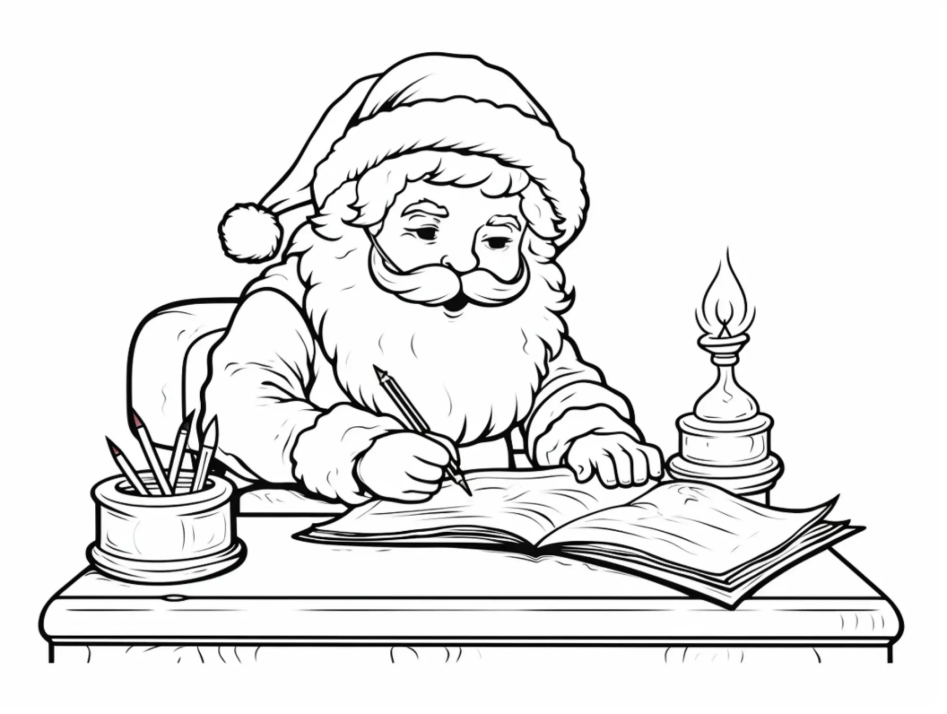 Ausmalbild Weihnachtsmann schreibt Kerze Stifte Buch