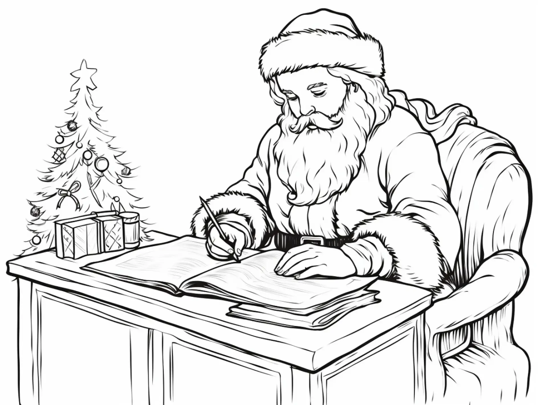 Ausmalbild Weihnachtsmann schreibt Liste Tannenbaum Geschenk