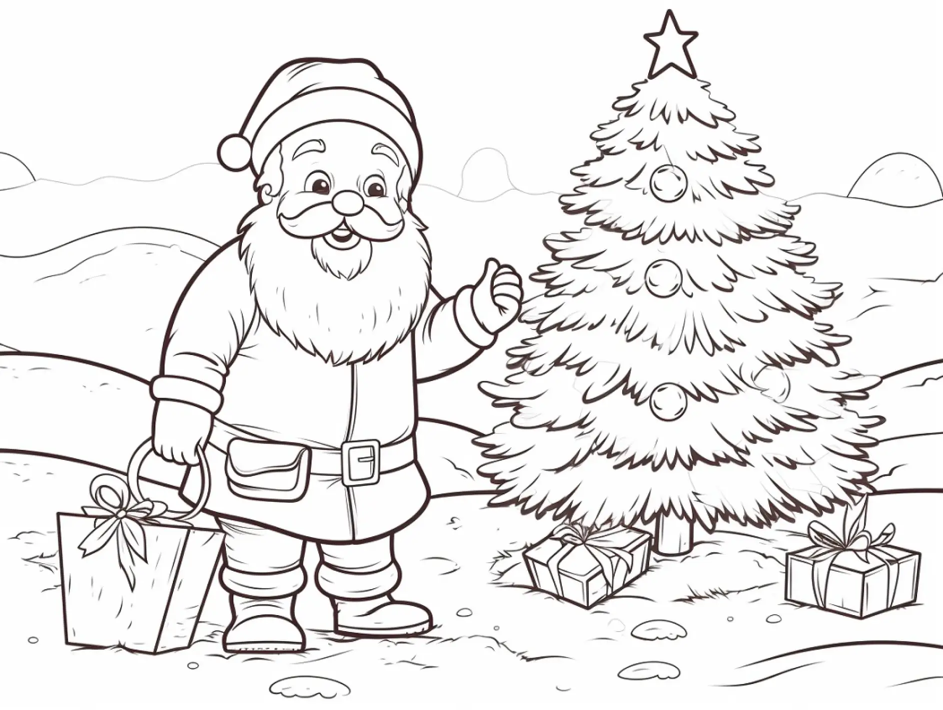 Ausmalbild Weihnachtsmann Tannenbaum Geschenke Schnee