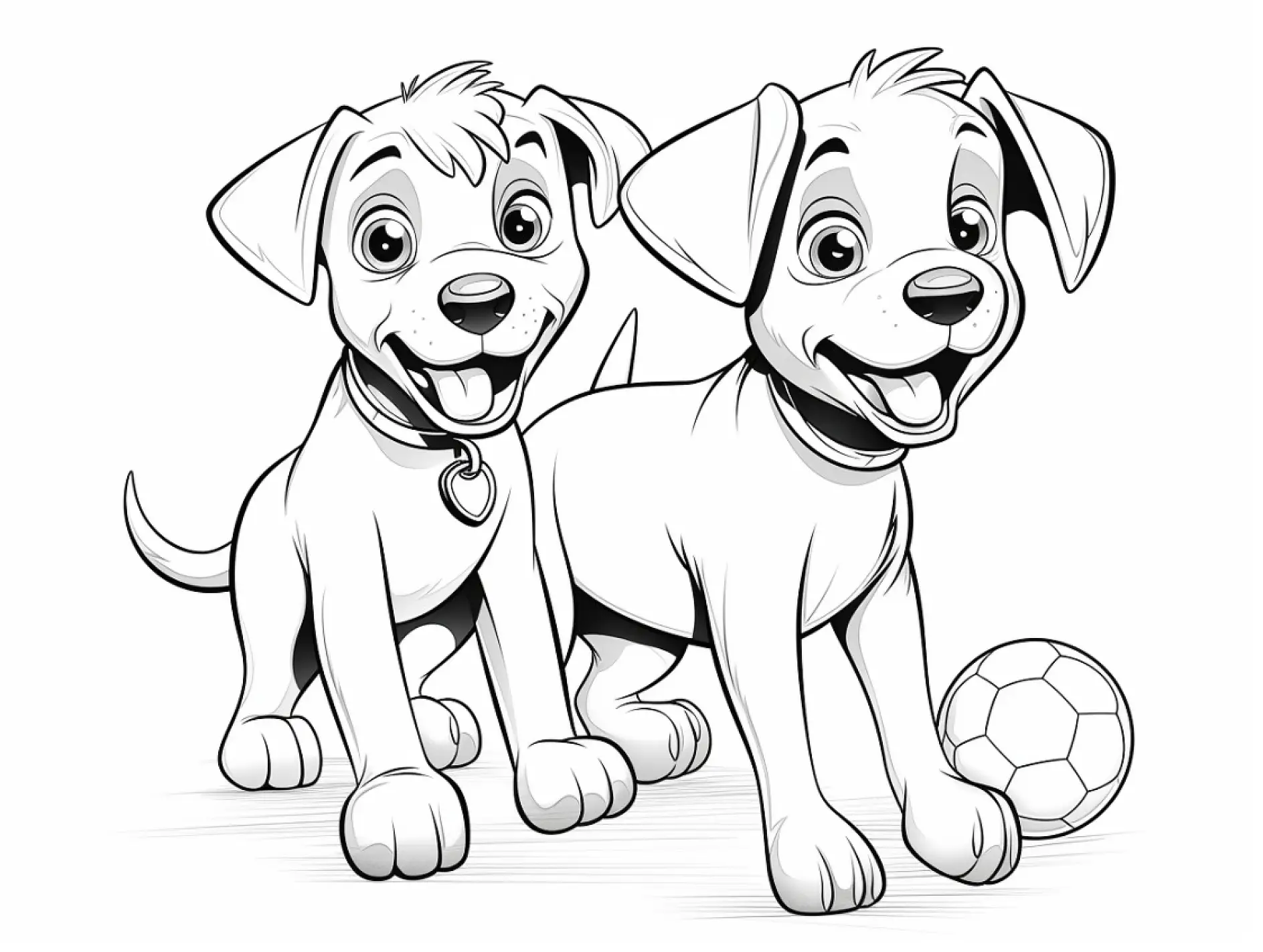 Ausmalbild zwei Hunde mit Ball