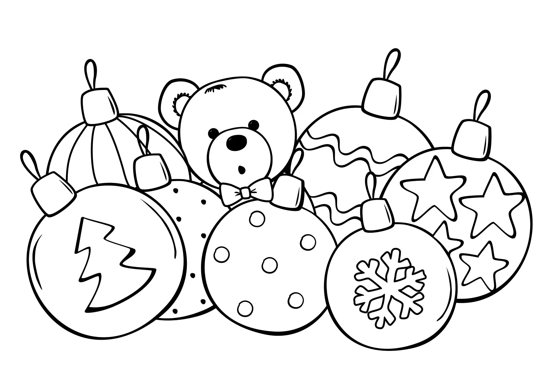 Ausmalbild mit Weihnachtskugeln und Teddybär in der Mitte