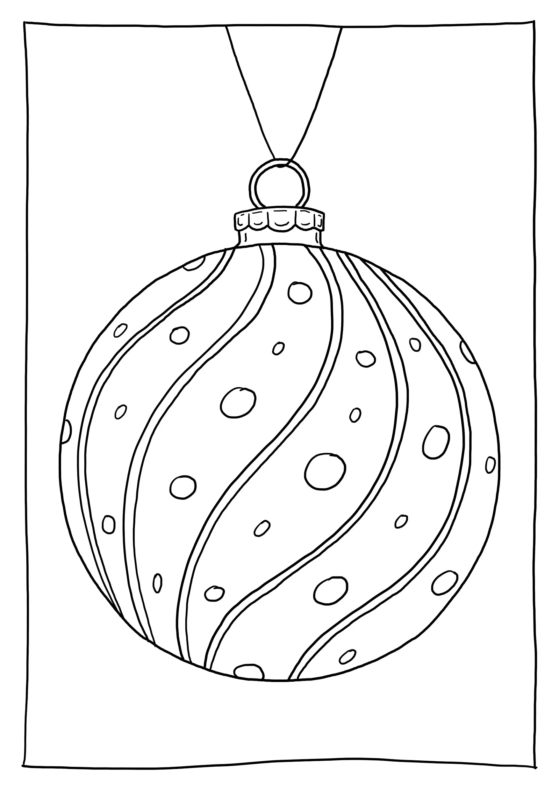 Ausmalbild Weihnachtskugel mit Streifen, Ornamenten, Schleife und Perlen