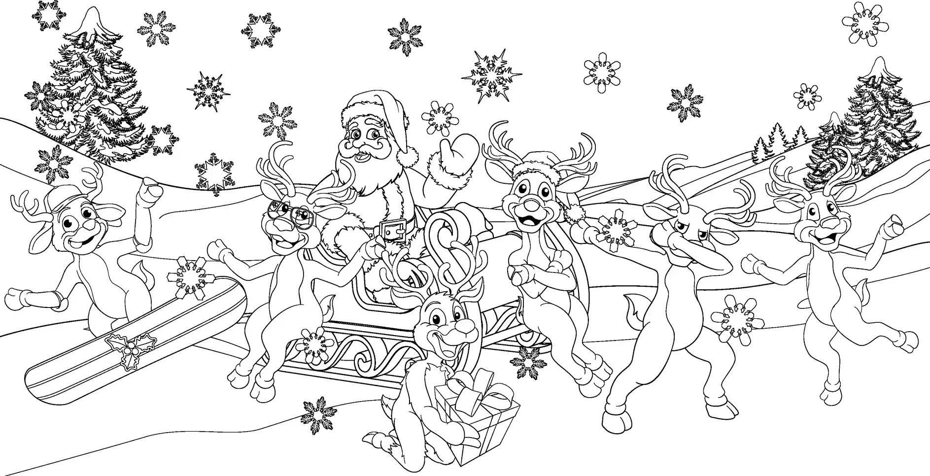 Christmas coloring book page scene of Santa Claus sled or sleigh surrounded by reindeer having fun