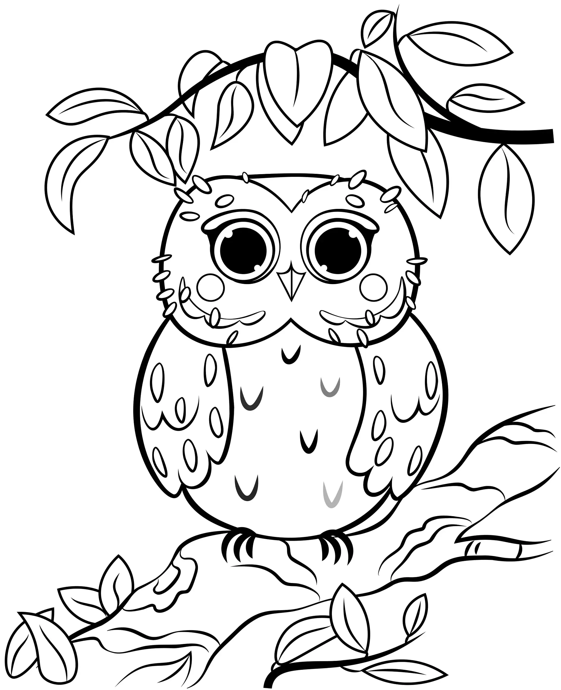 Ausmalbild Eule mit großen Augen unter BlätterdachPrintable coloring page outline of cute cartoon owl on a tree branch. Vector image with nature background. Coloring book of forest wild animals for kids.
