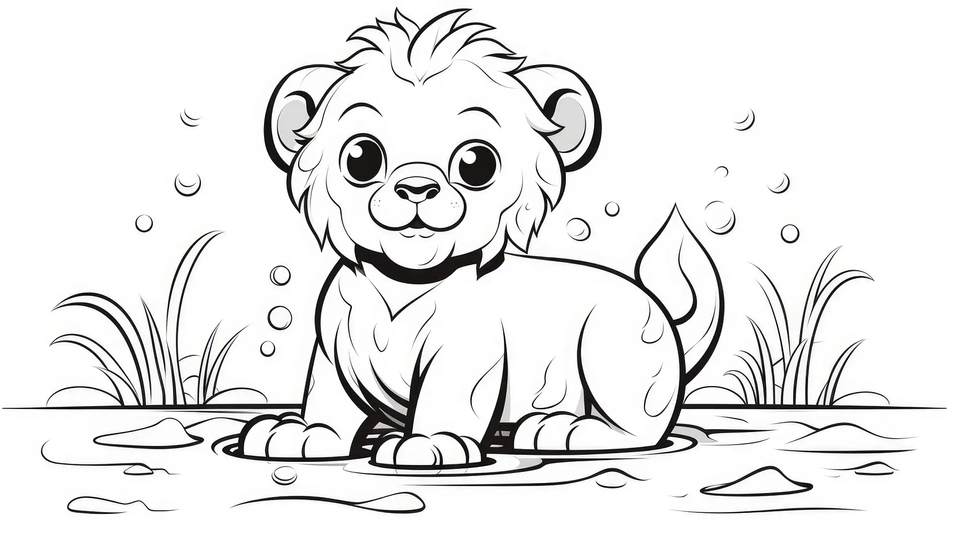 Ausmalbild Löwenbaby sitzend WasserspritzerSimple coloring pages for children, lion