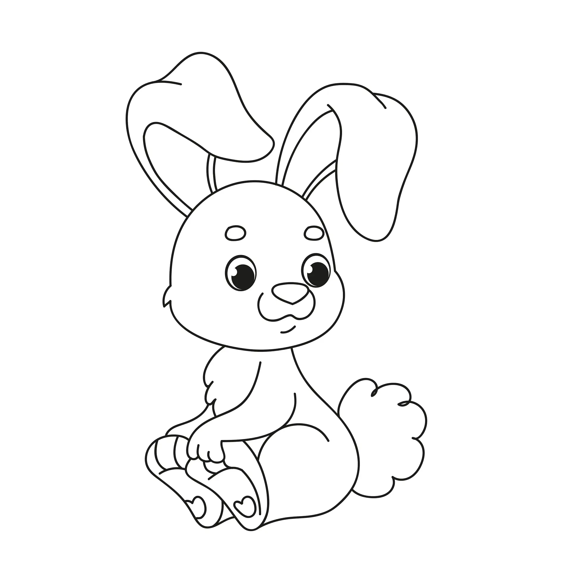 Ausmalbild niedlicher sitzender HaseA cute rabbit is sitting. Children s cartoon coloring book. Black and white vector illustration with Easter bunny. Developing task for the kid