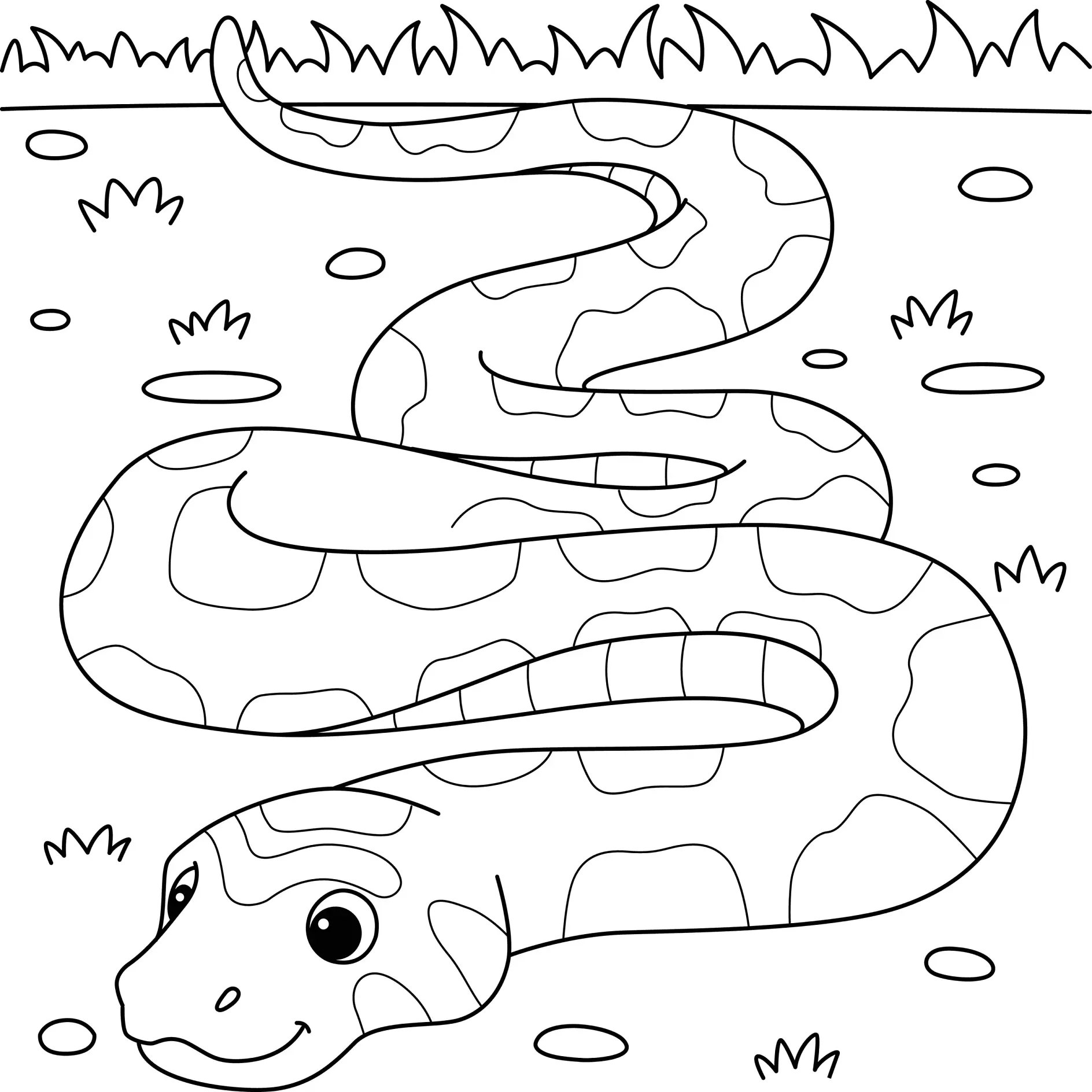 Ausmalbild Schlange mit Fleckenmuster auf Wiese