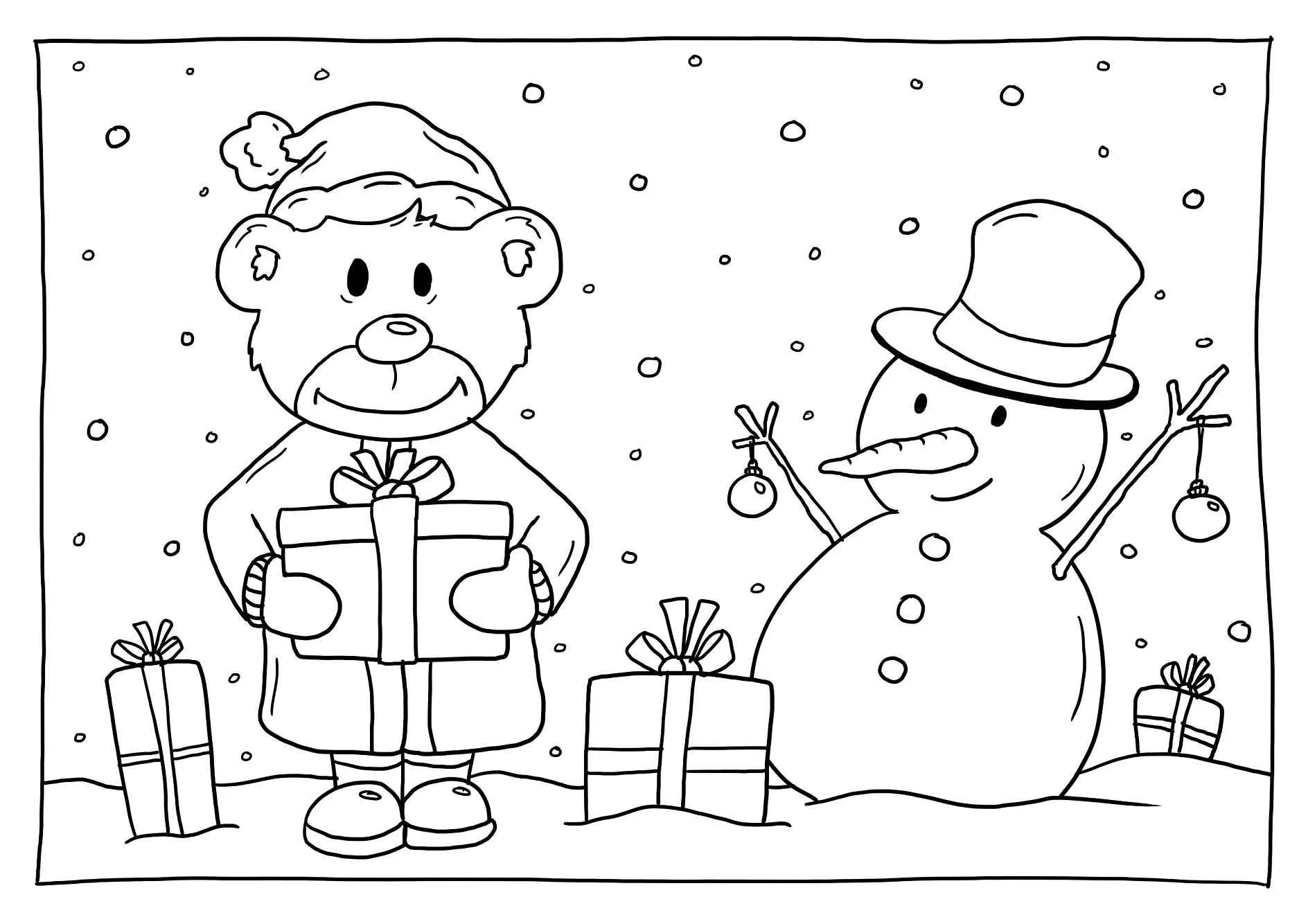 Ausmalbild Bär mit Geschenk und Schneemann