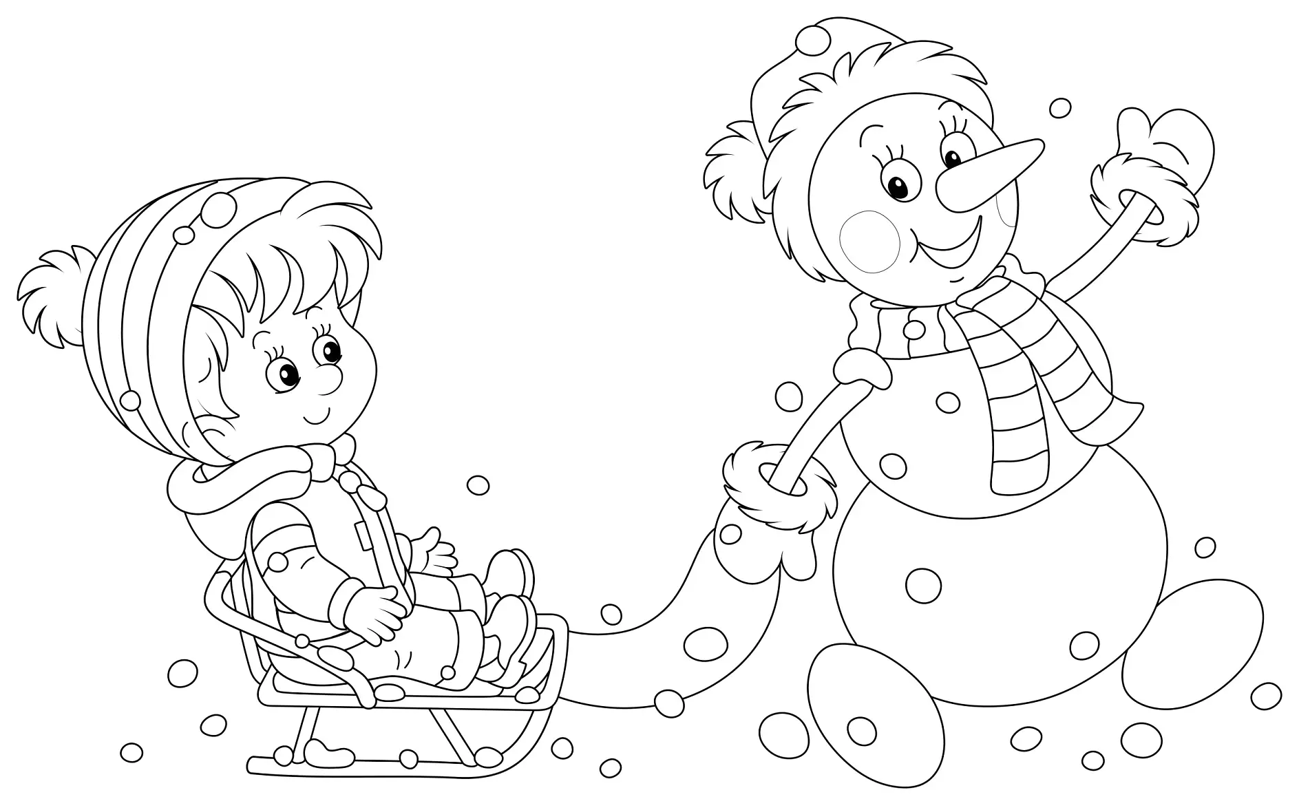 Ausmalbild Kind im Schlitten und Schneemann spielen