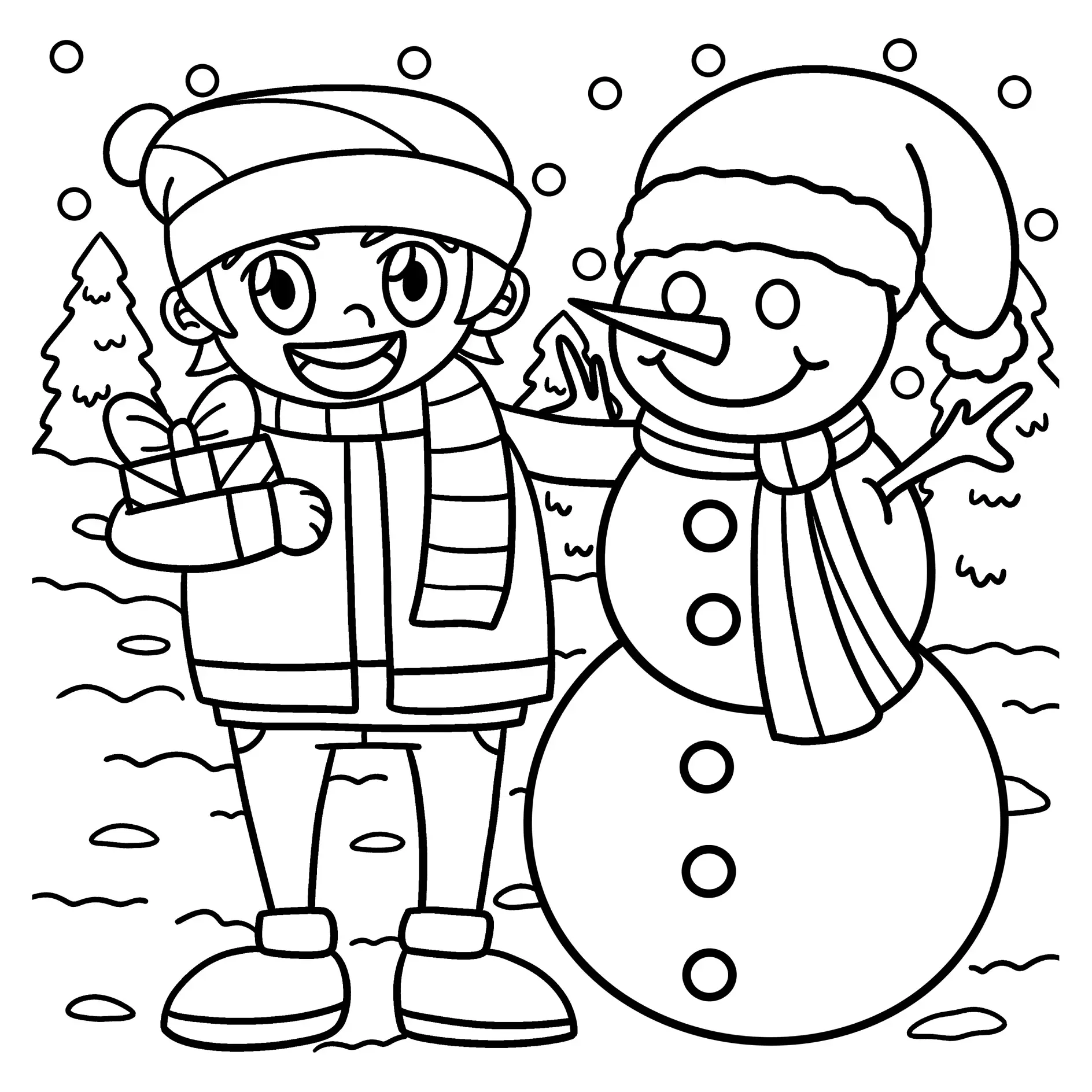 Ausmalbild Kind und Schneemann mit Geschenk und Mützen