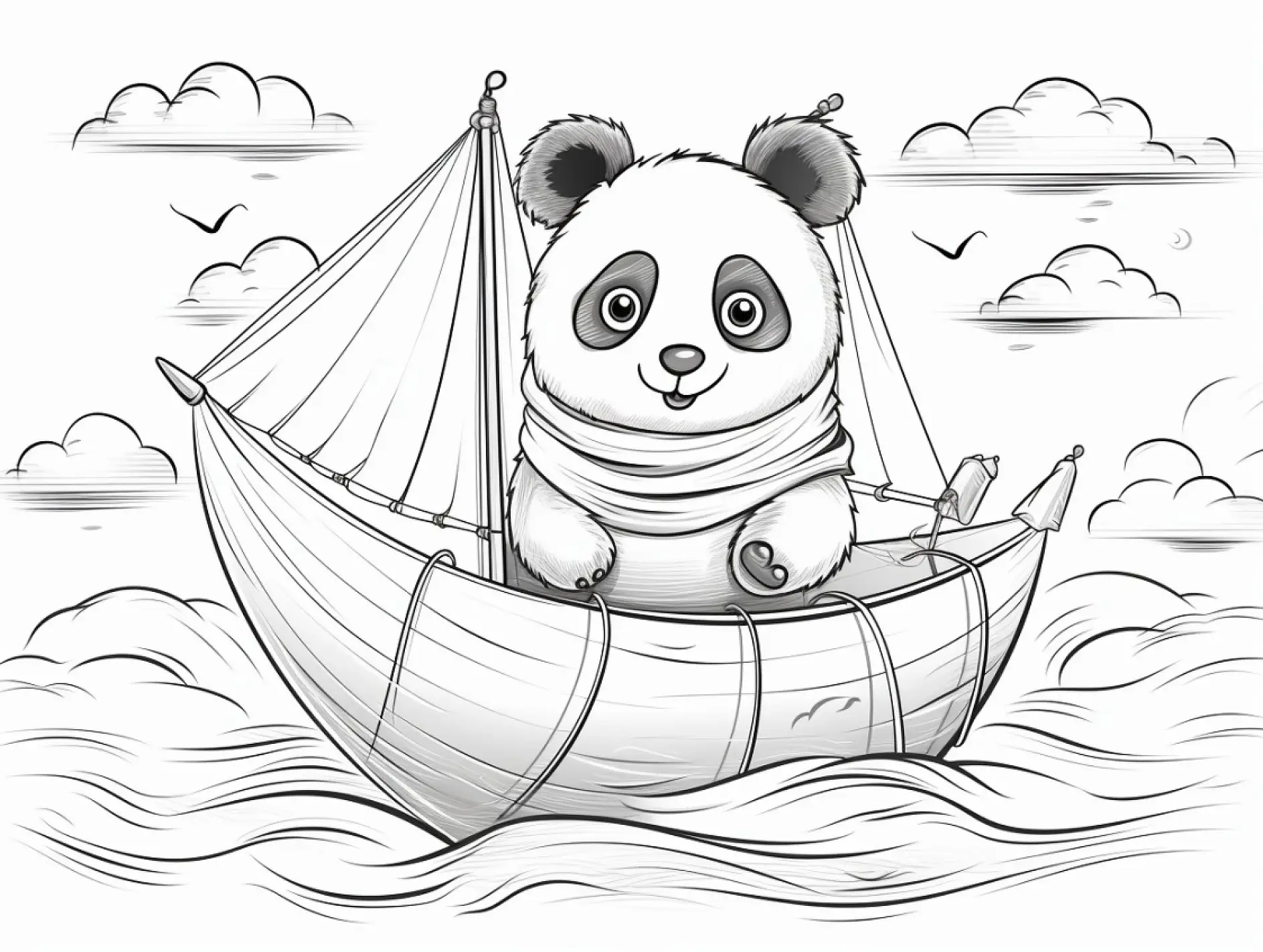 Ausmalbild Panda im Boot auf Wellen