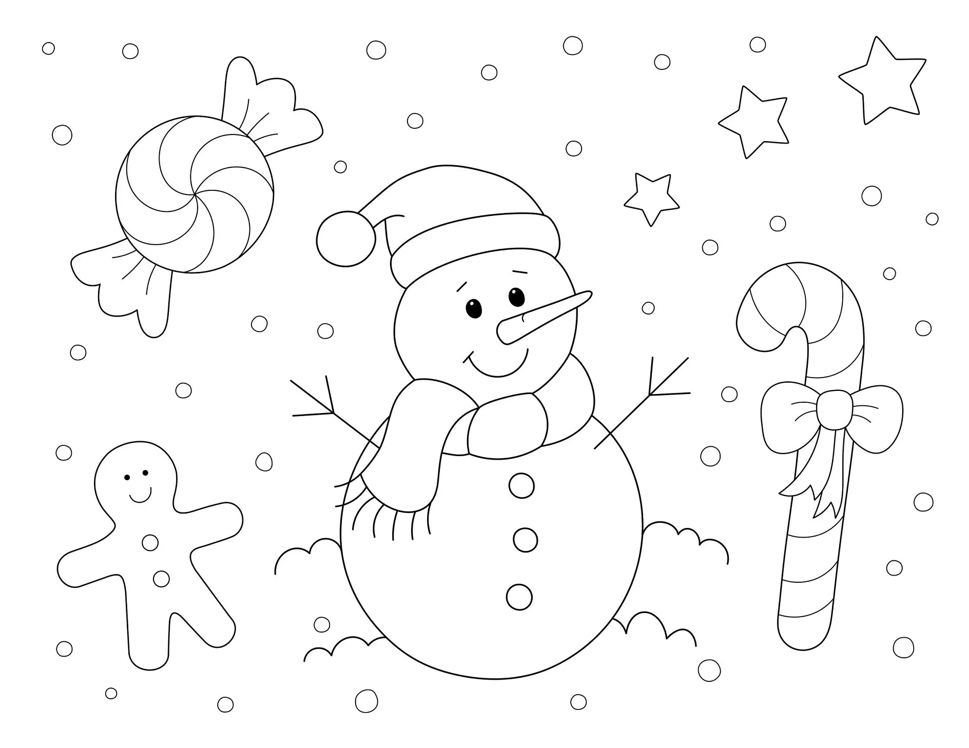 Ausmalbild Schneemann mit Süßigkeiten und Sternen